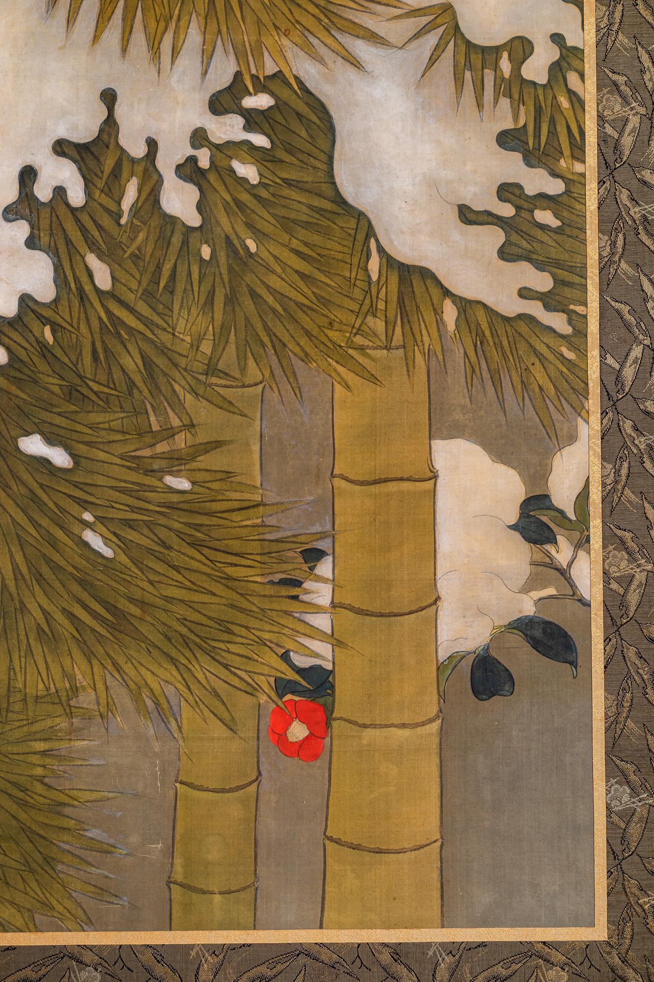 Japanischer japanischer Raumteiler mit zwei Tafeln: Fasan in Schneeflockenkiefer (Spätes 19. Jahrhundert) im Angebot
