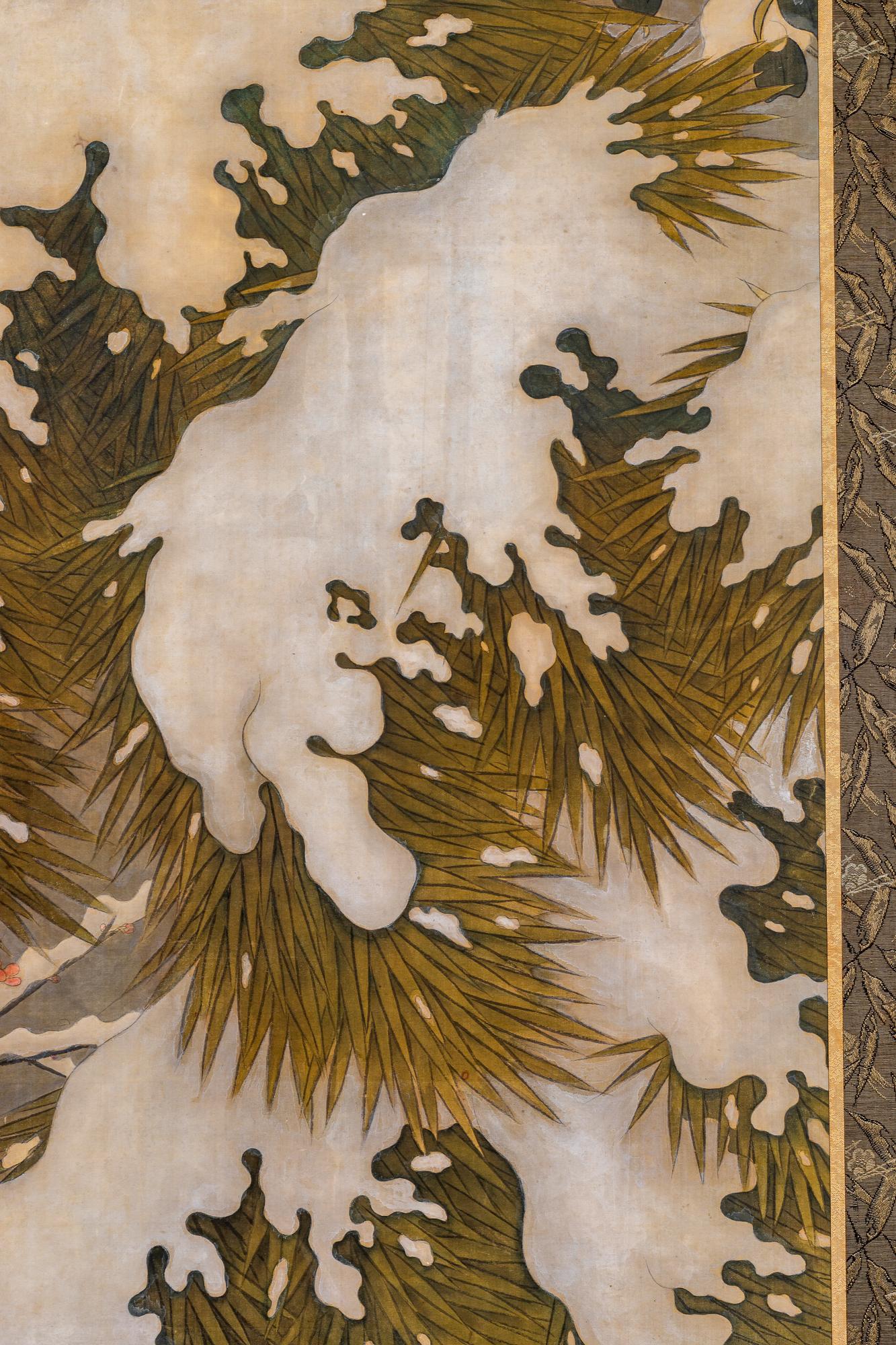 Japanese Two Panel Screen: Recumbant Pheasant in Snow Laden Pine 2