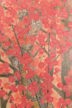 Japanese Two-Panel Screen, Red Plum, Rare Obara Paper Art Screen