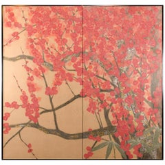 Japanese Two-Panel Screen, Red Plum, Rare Obara Paper Art Screen