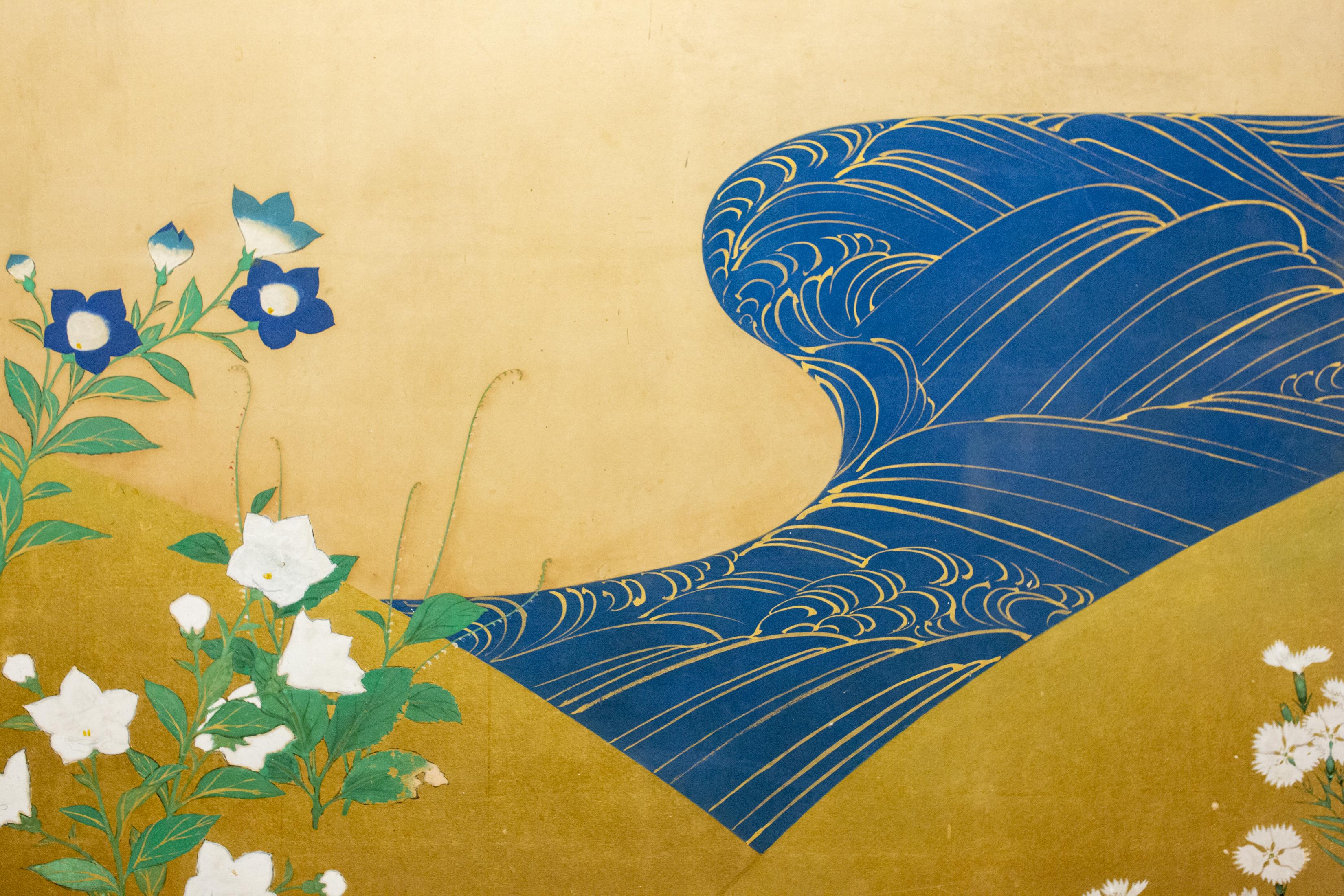 Early 20th Century Japanese Two-Panel Screen, Rimpa and Deco Style Painting of Flowers by Stream