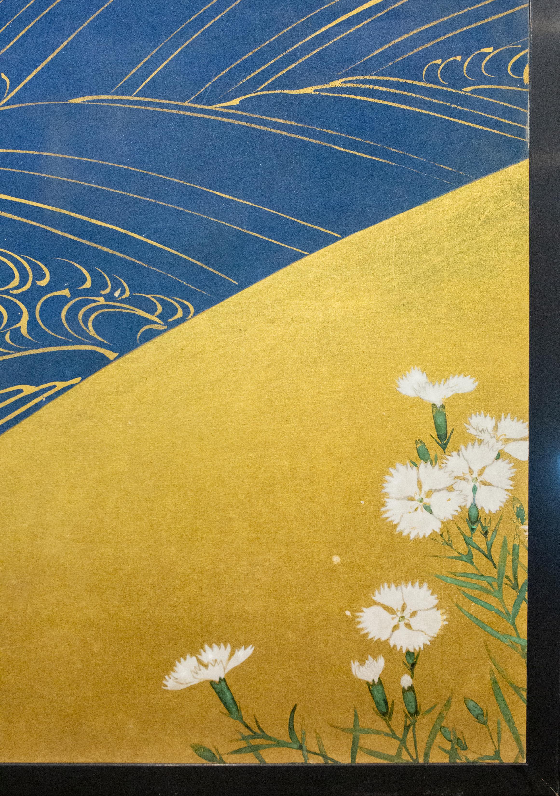 Gold Leaf Japanese Two-Panel Screen, Rimpa and Deco Style Painting of Flowers by Stream