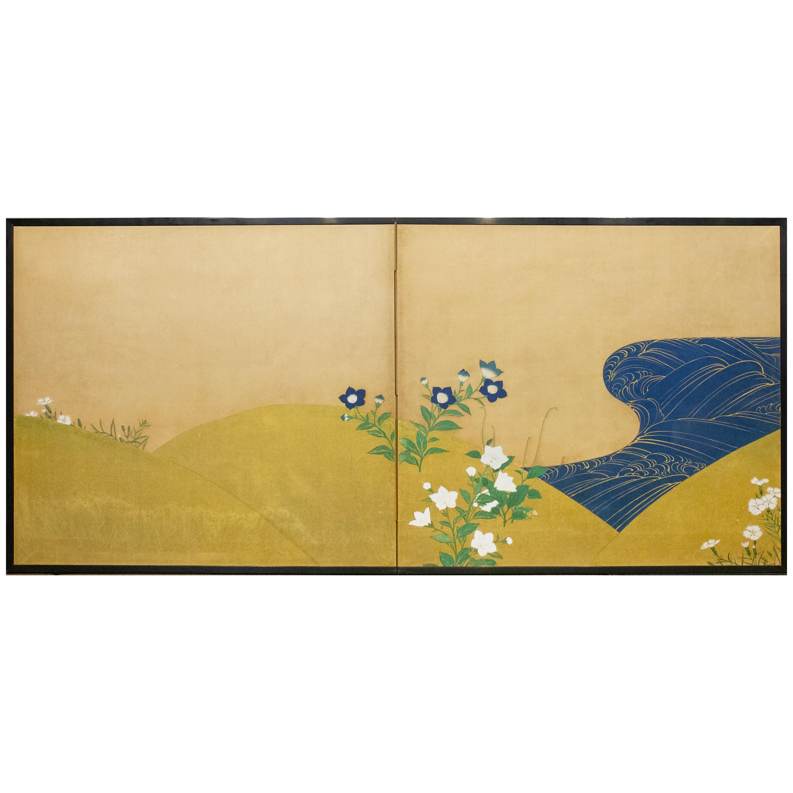 Japanese Two-Panel Screen, Rimpa and Deco Style Painting of Flowers by Stream
