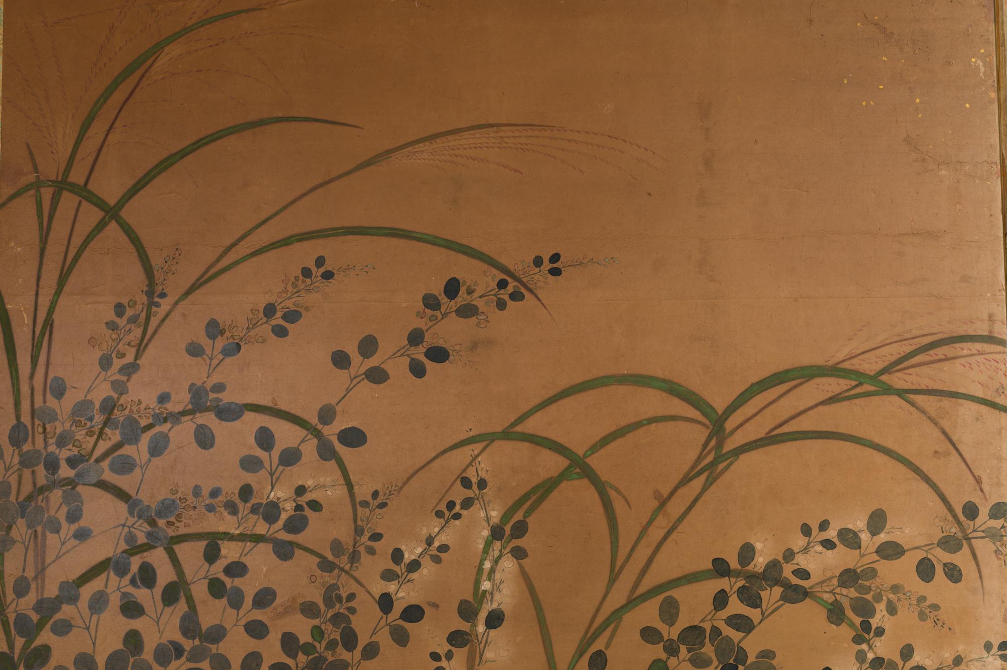 Edo Japanese Two-Panel Screen Rimpa Floral Landscape