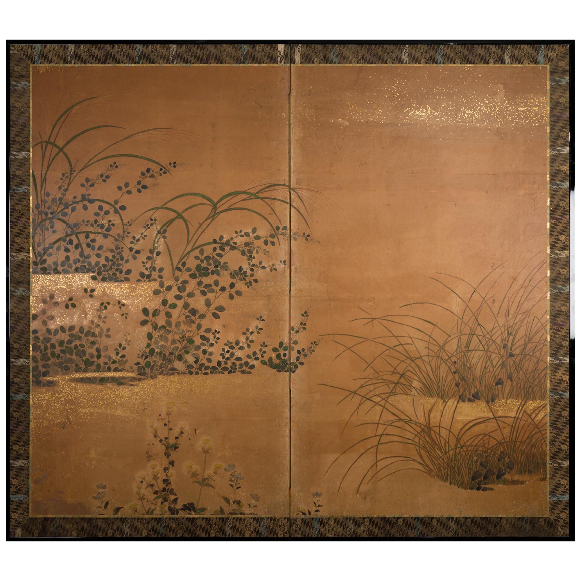 Japanese Two-Panel Screen Rimpa Floral Landscape