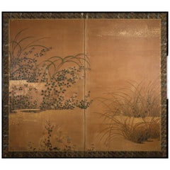 Japanese Two-Panel Screen Rimpa Floral Landscape