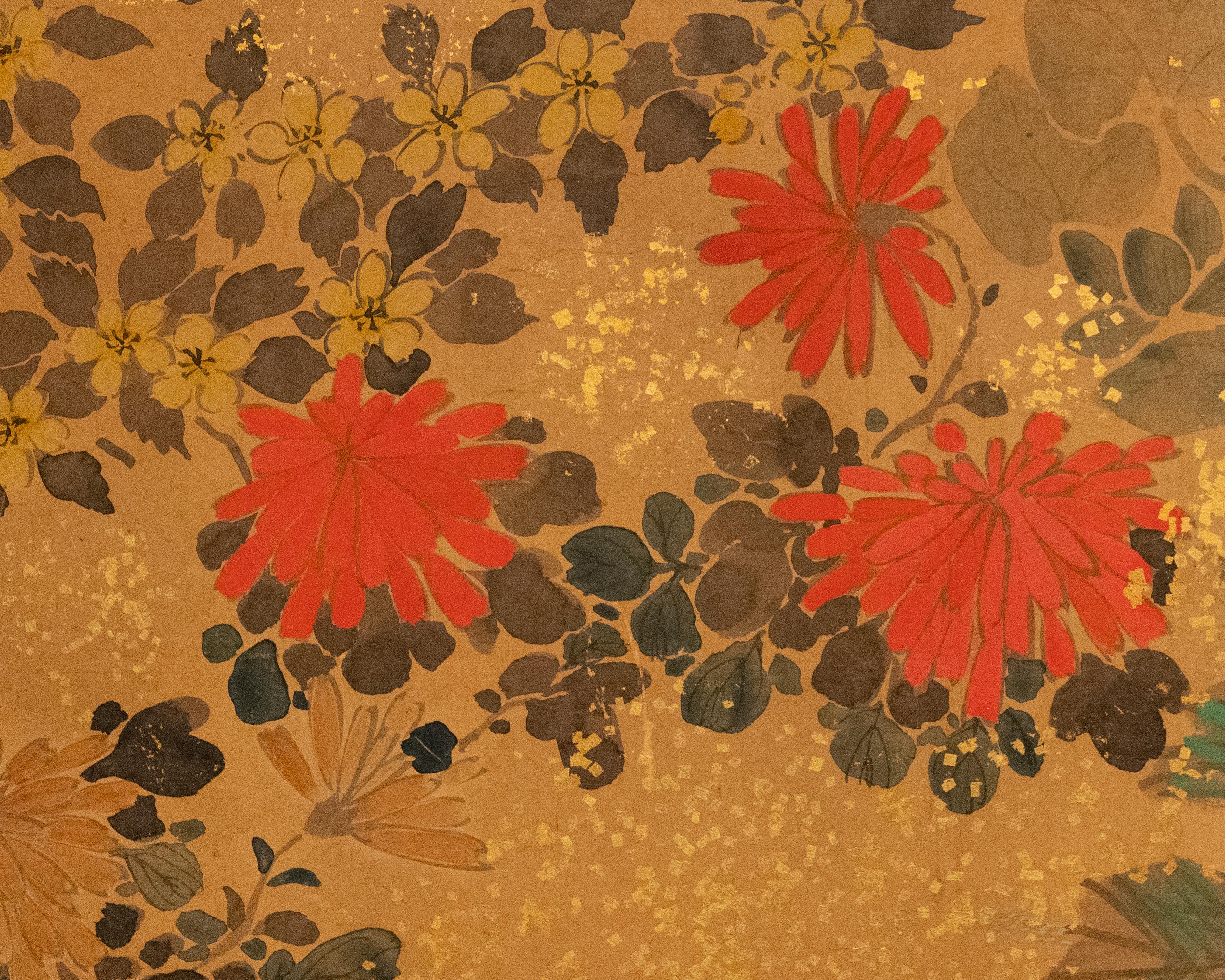 with gold flake design. Mineral pigments on mulberry paper, with silk brocade border, and red negoro style lacquer trim.