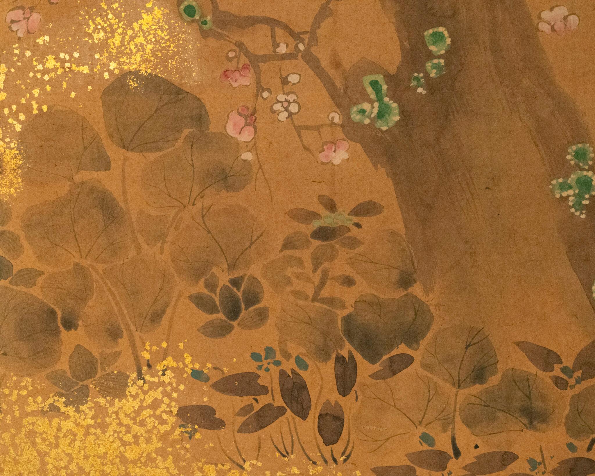 20th Century Japanese Two Panel Screen: Rimpa Flowers For Sale
