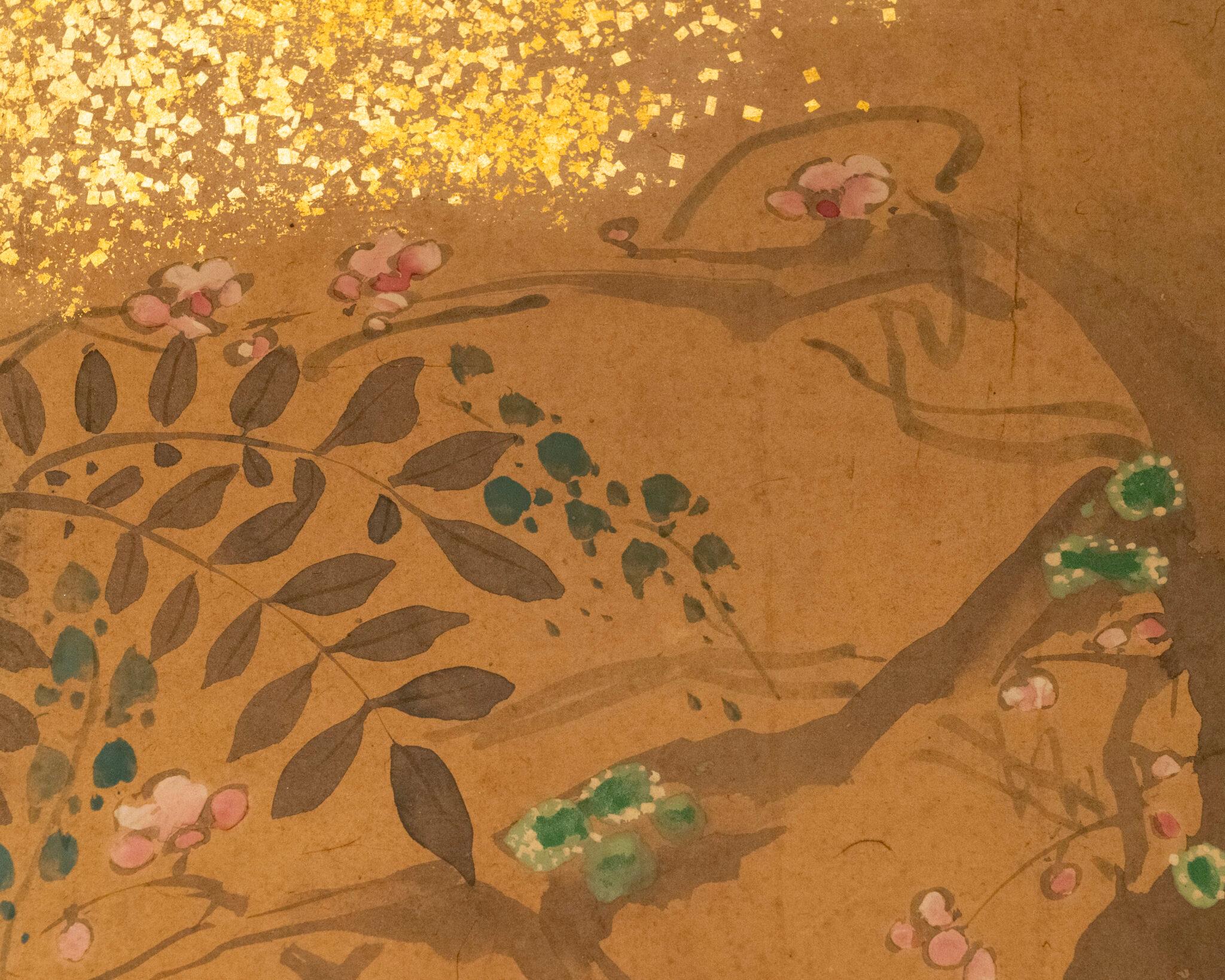Gold Japanese Two Panel Screen: Rimpa Flowers For Sale