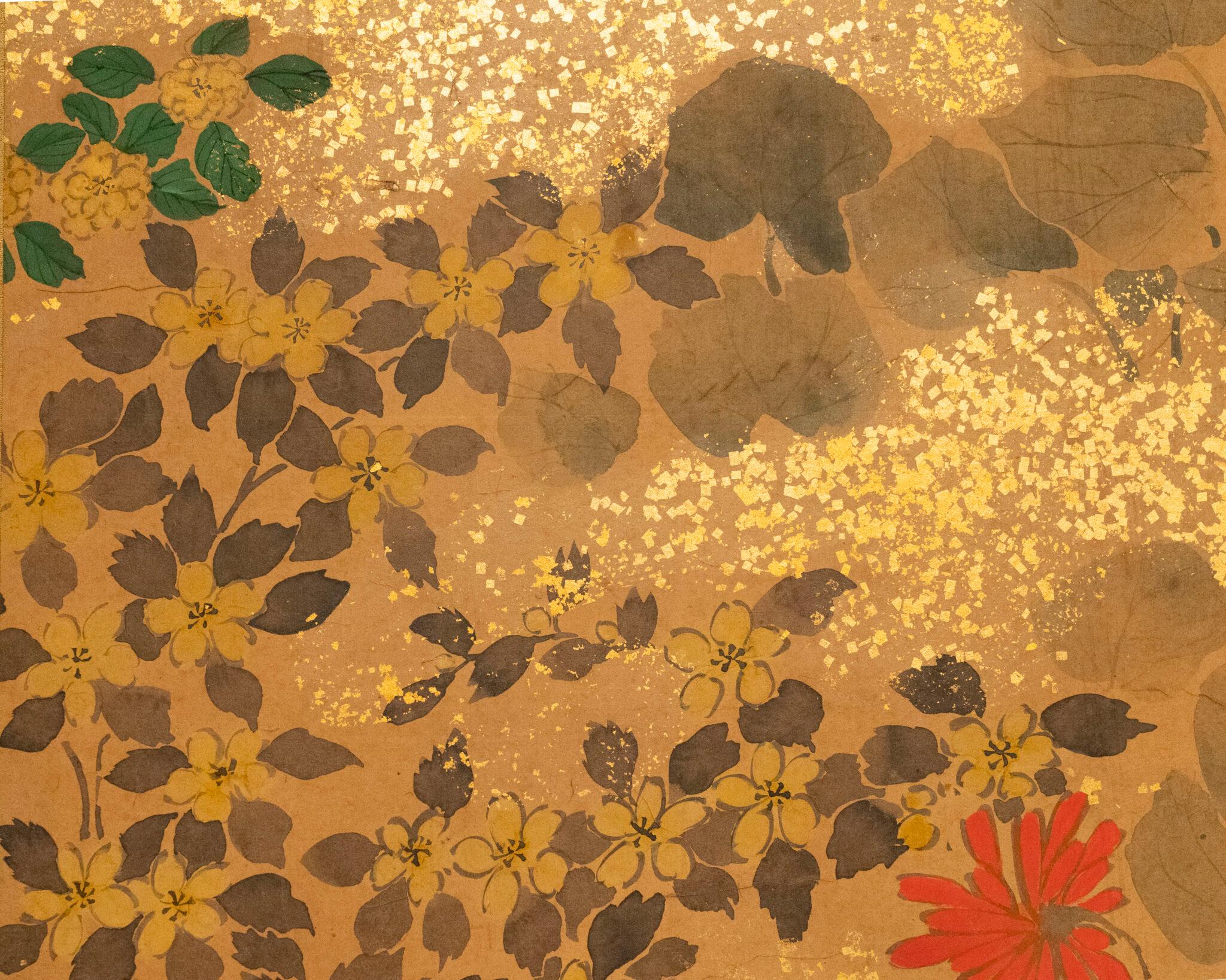 Japanese Two Panel Screen: Rimpa Flowers For Sale 1
