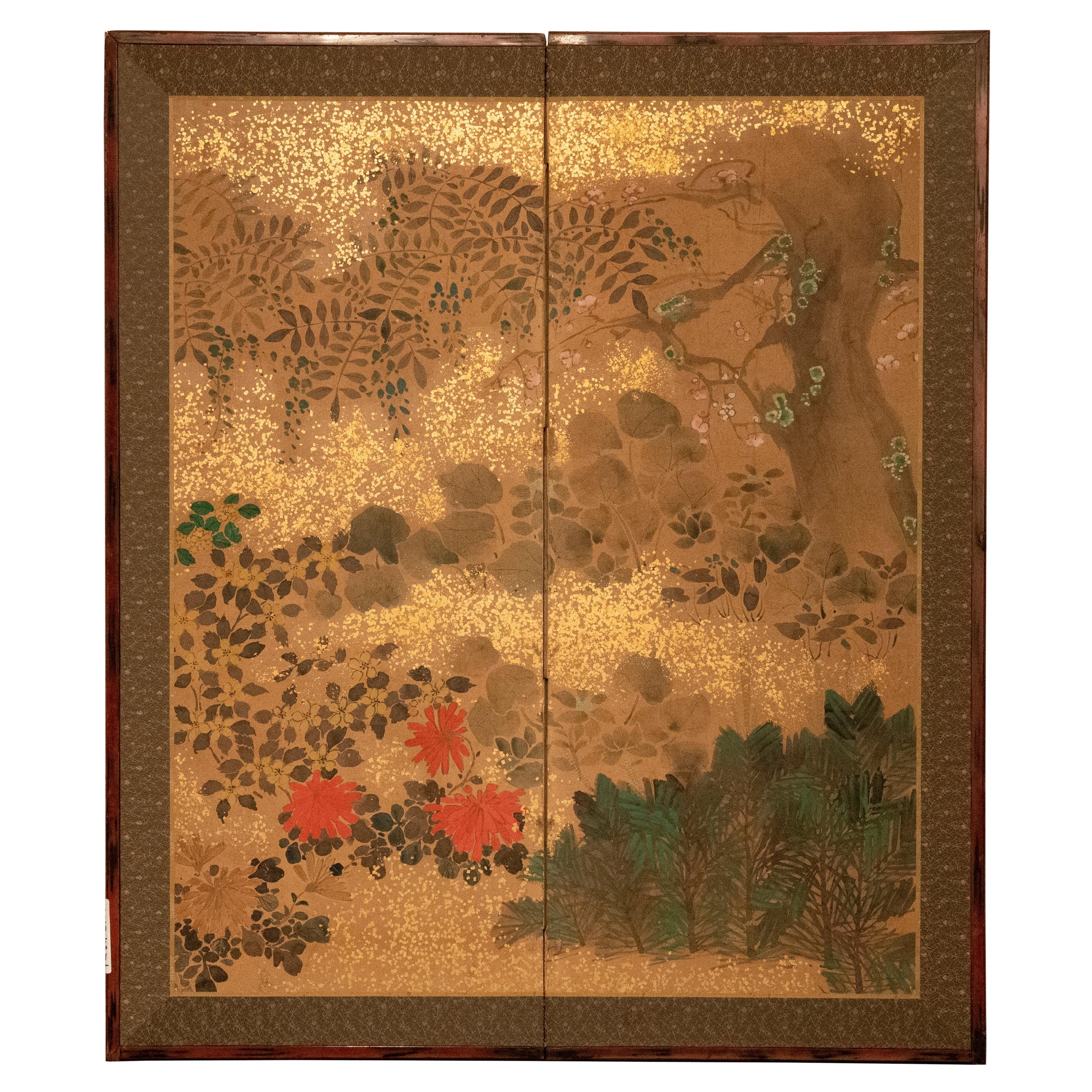 Biombo Japonés de Dos Paneles: Flores de Rimpa