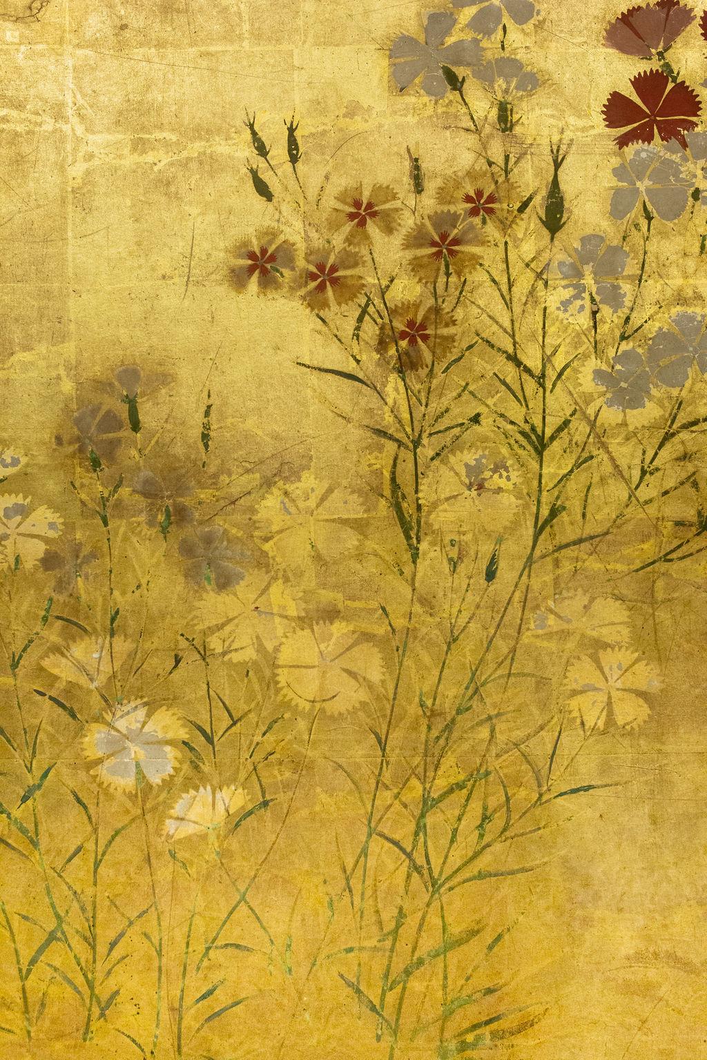 Paravent japonais à deux panneaux, fleurs de Rimpa Nadeshiko sur feuille d'or épaisse 4