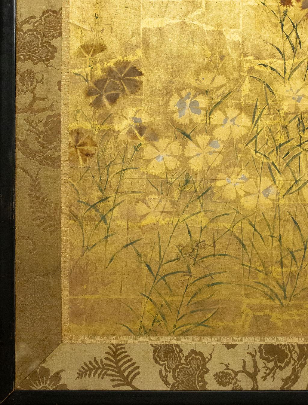 Paravent japonais à deux panneaux, fleurs de Rimpa Nadeshiko sur feuille d'or épaisse 7