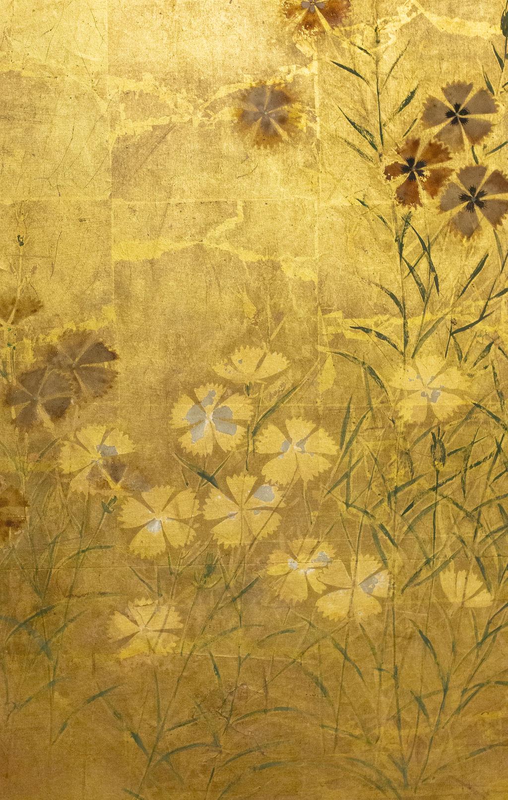 Paravent japonais à deux panneaux, fleurs de Rimpa Nadeshiko sur feuille d'or épaisse 1