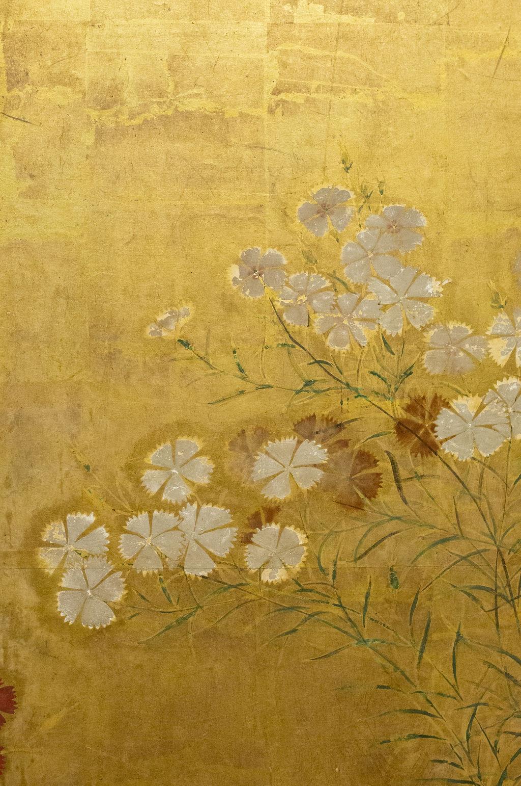 Paravent japonais à deux panneaux, fleurs de Rimpa Nadeshiko sur feuille d'or épaisse 3