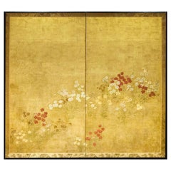 Paravent japonais à deux panneaux, fleurs de Rimpa Nadeshiko sur feuille d'or épaisse