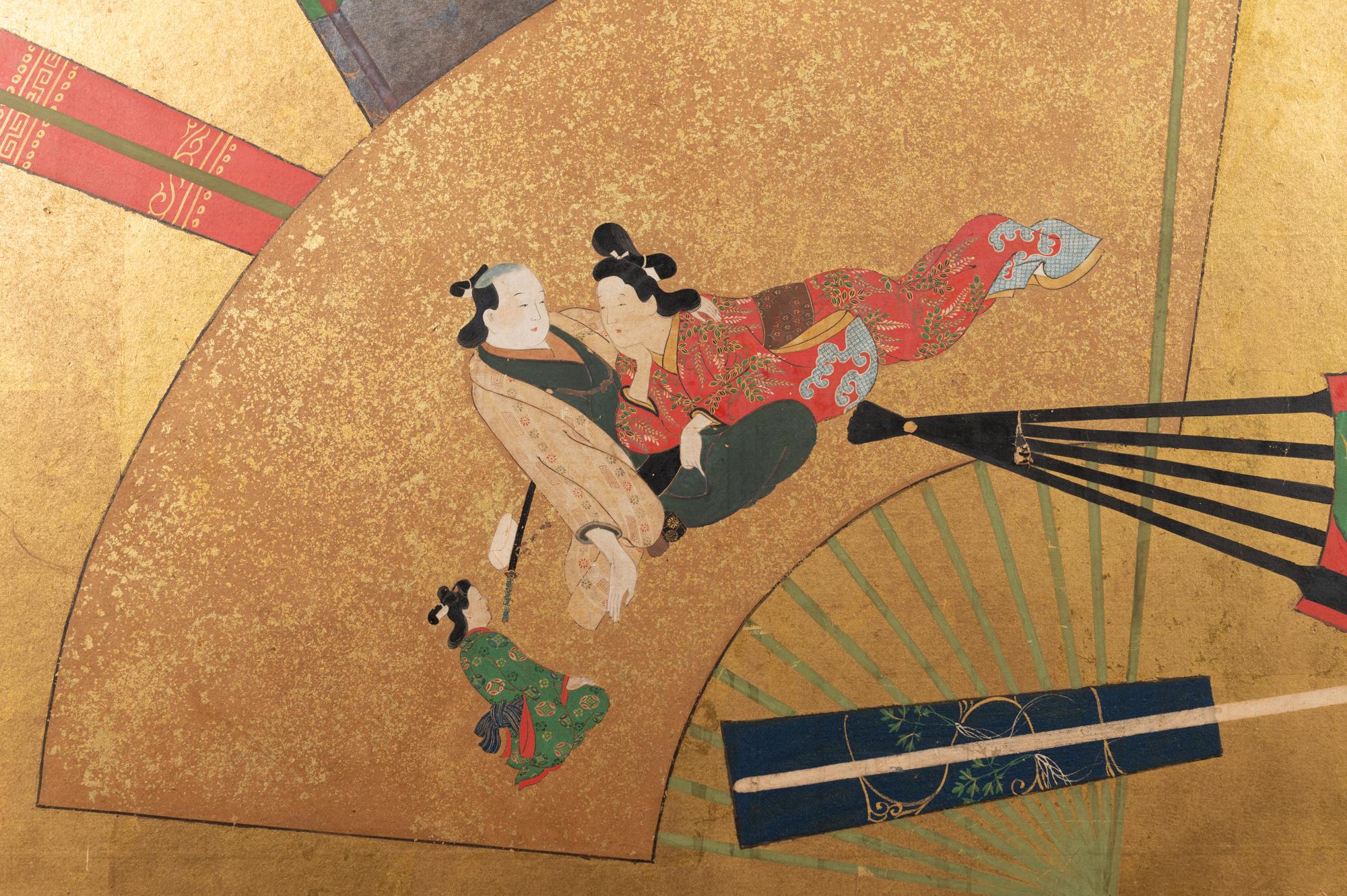 Japanese Two-Panel Screen Rimpa Painting of Fans on Gold 6