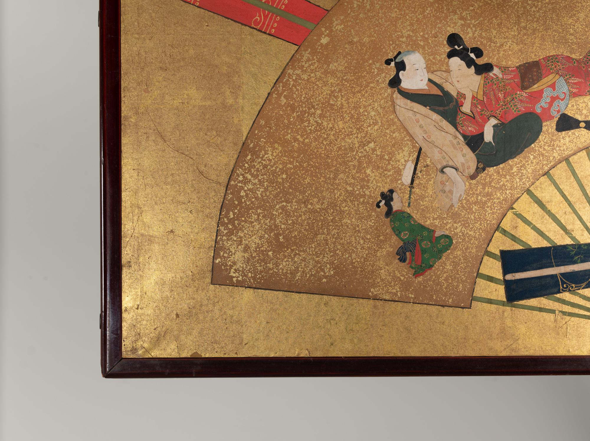 Japanese Two-Panel Screen Rimpa Painting of Fans on Gold 8