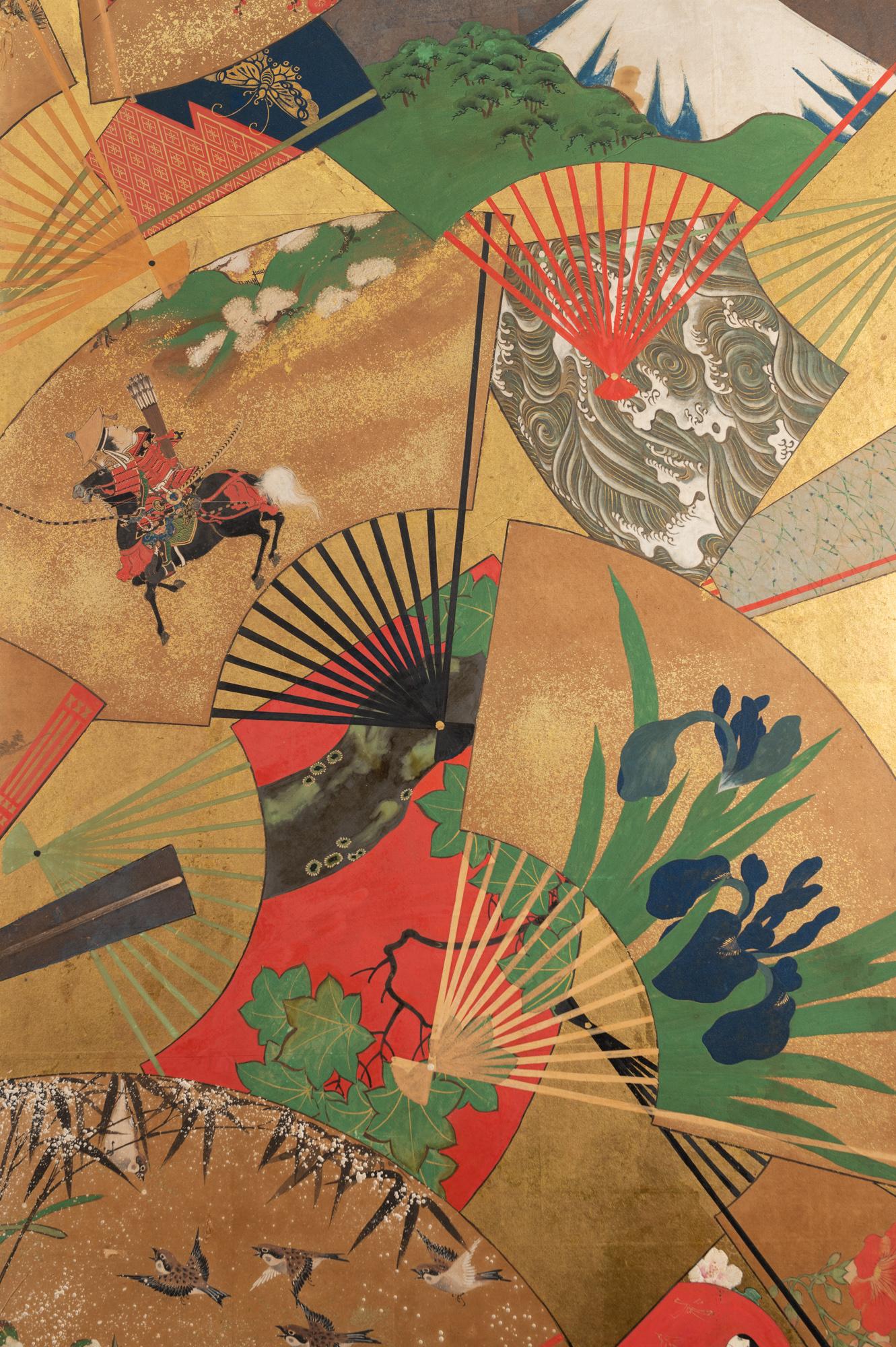 19th Century Japanese Two-Panel Screen Rimpa Painting of Fans on Gold