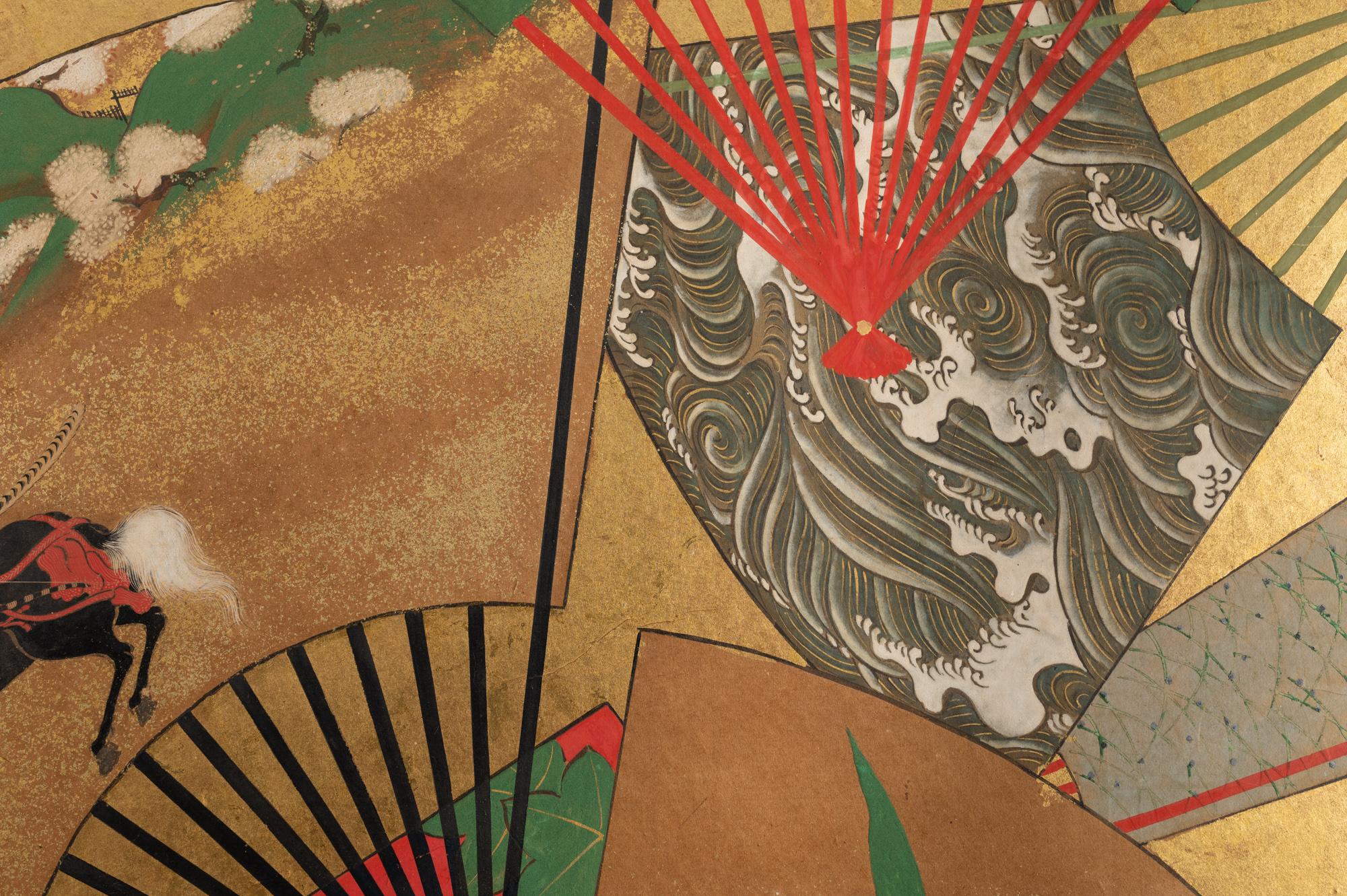 Japanese Two-Panel Screen Rimpa Painting of Fans on Gold 2