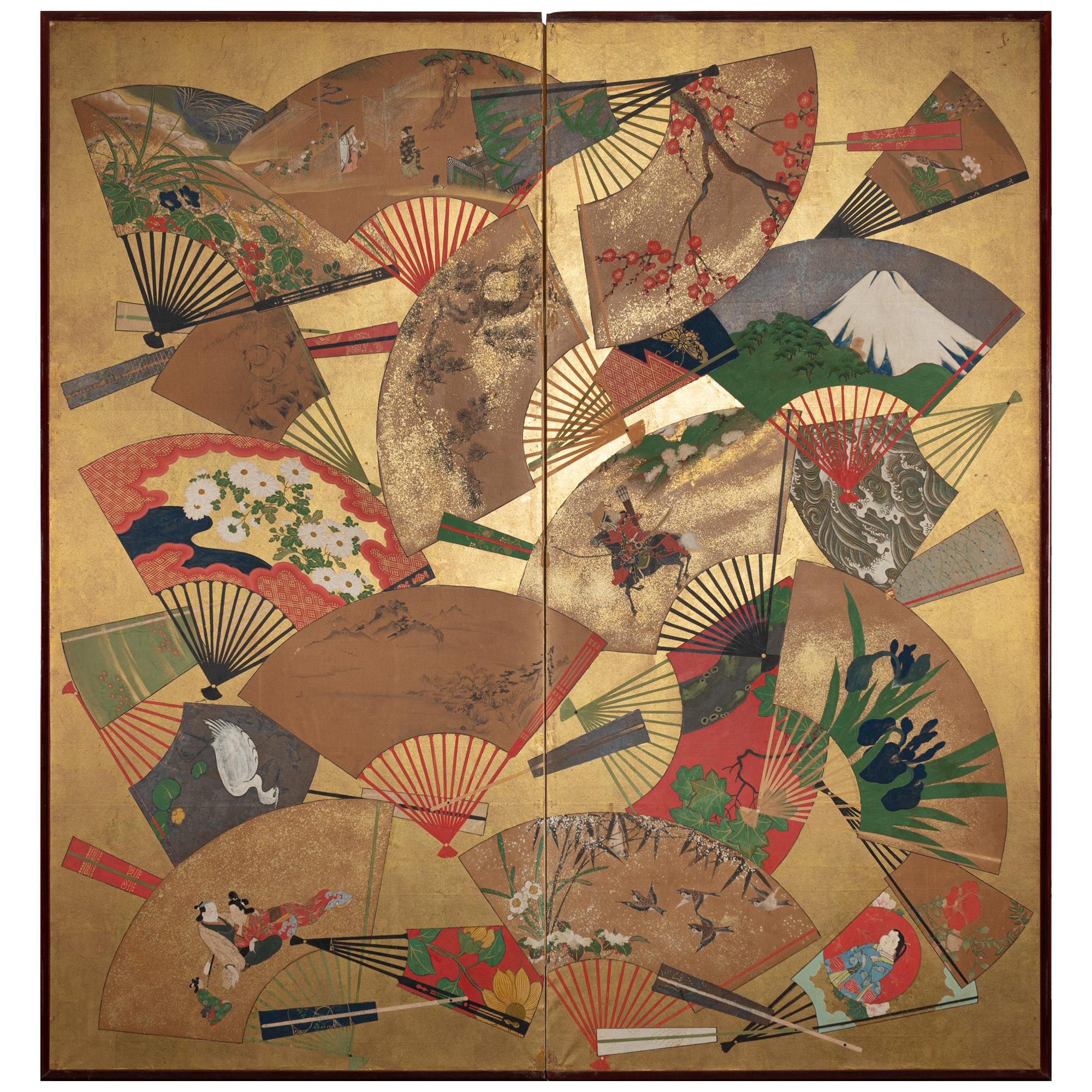 Japanese Two-Panel Screen Rimpa Painting of Fans on Gold