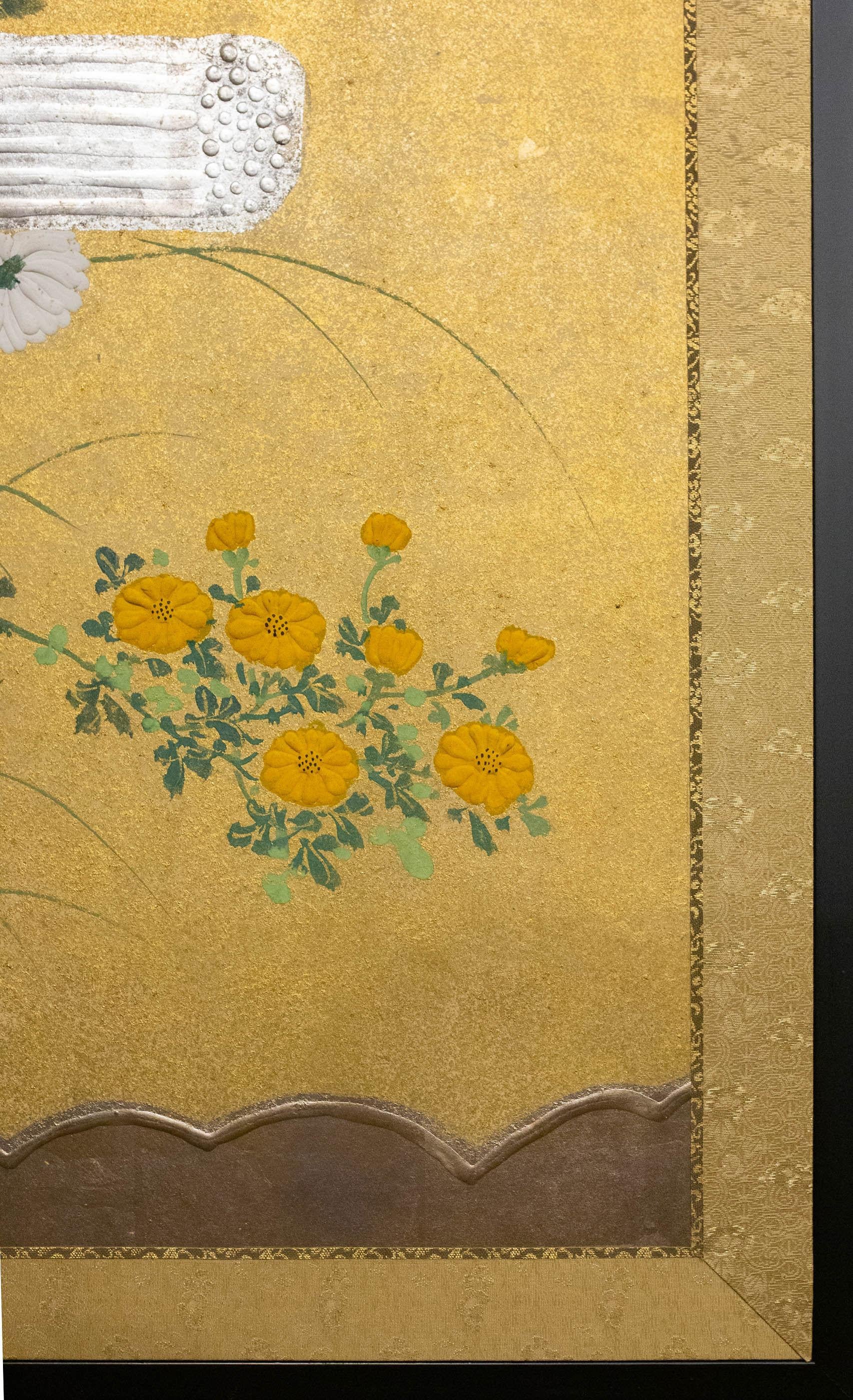 Japanese Two-Panel Screen, Rimpa Style Chrysanthemums on a Twig Fence For Sale 4