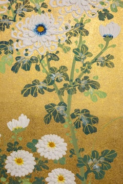 Japanese Two-Panel Screen, Rimpa Style Chrysanthemums on a Twig Fence