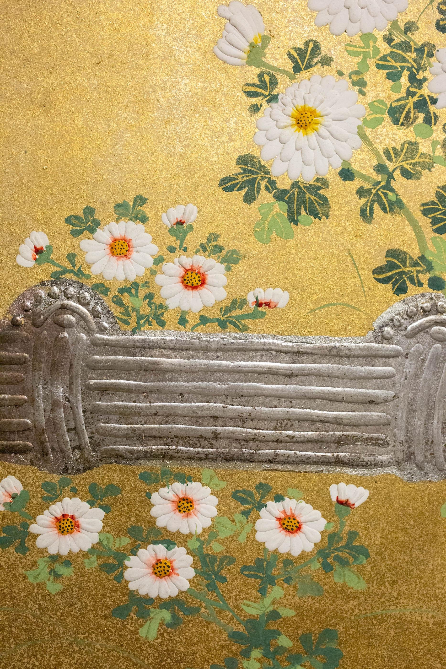 Japanese Two-Panel Screen, Rimpa Style Chrysanthemums on a Twig Fence In Good Condition For Sale In Hudson, NY