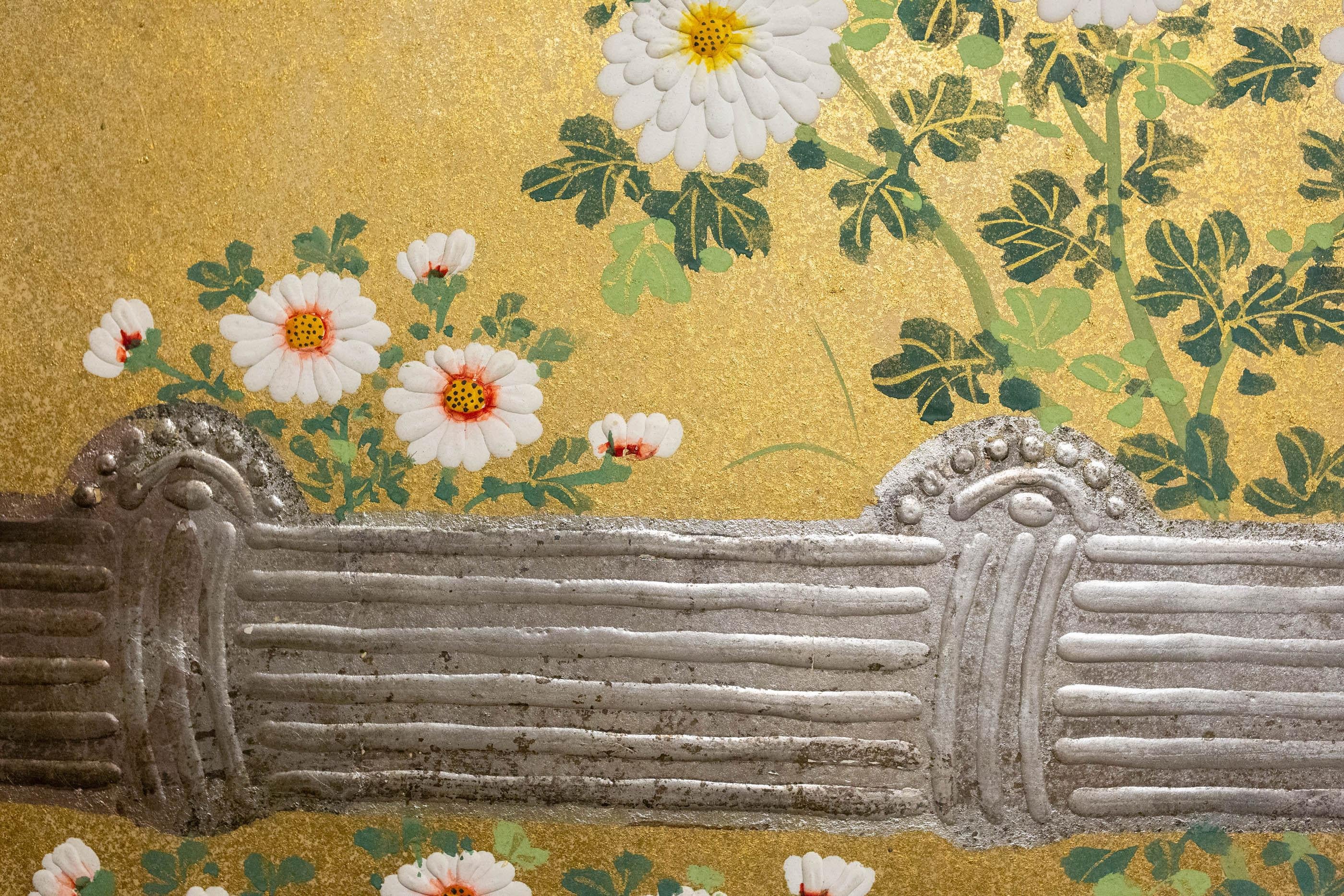 19th Century Japanese Two-Panel Screen, Rimpa Style Chrysanthemums on a Twig Fence For Sale