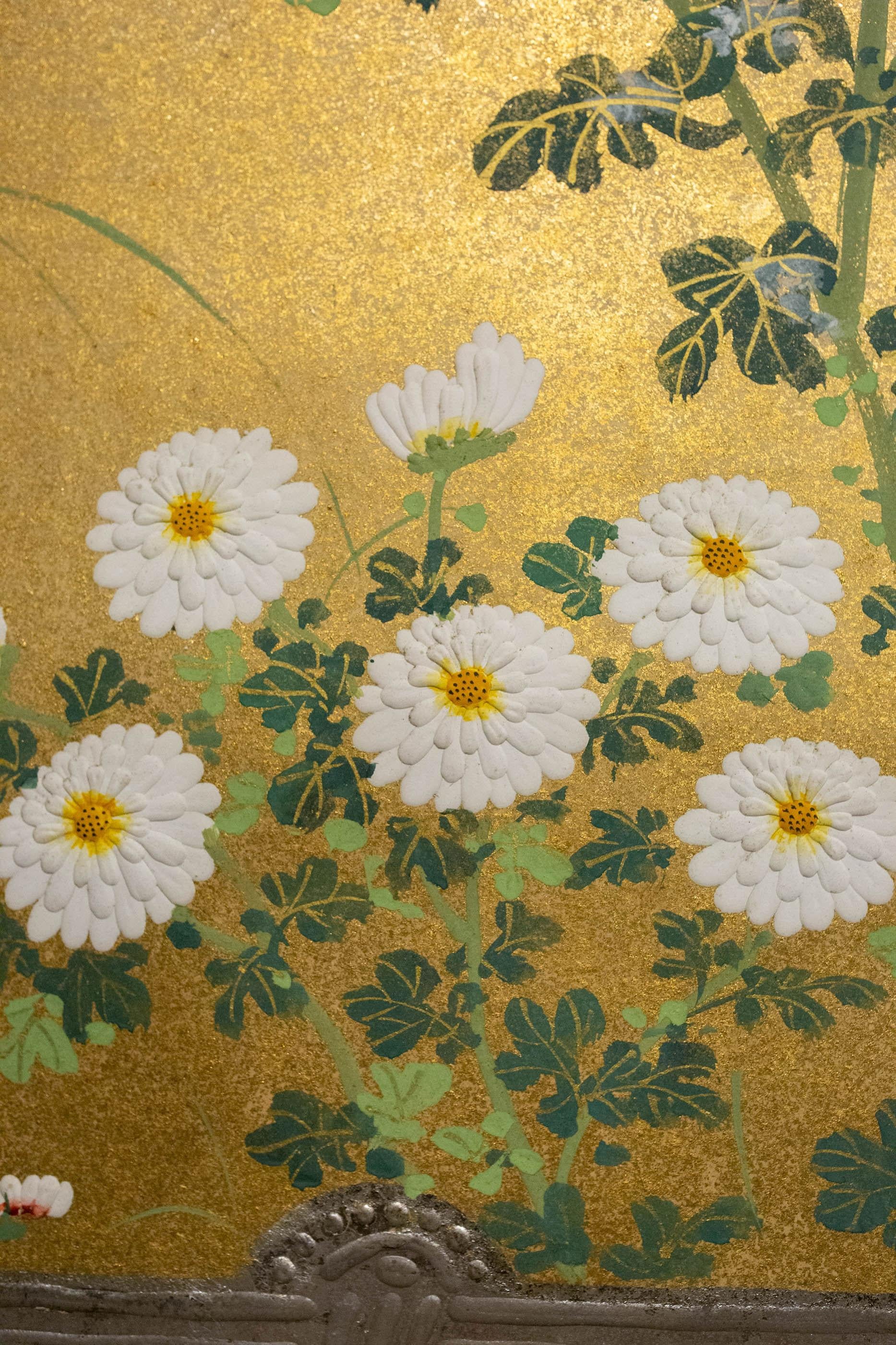 Gold Japanese Two-Panel Screen, Rimpa Style Chrysanthemums on a Twig Fence For Sale
