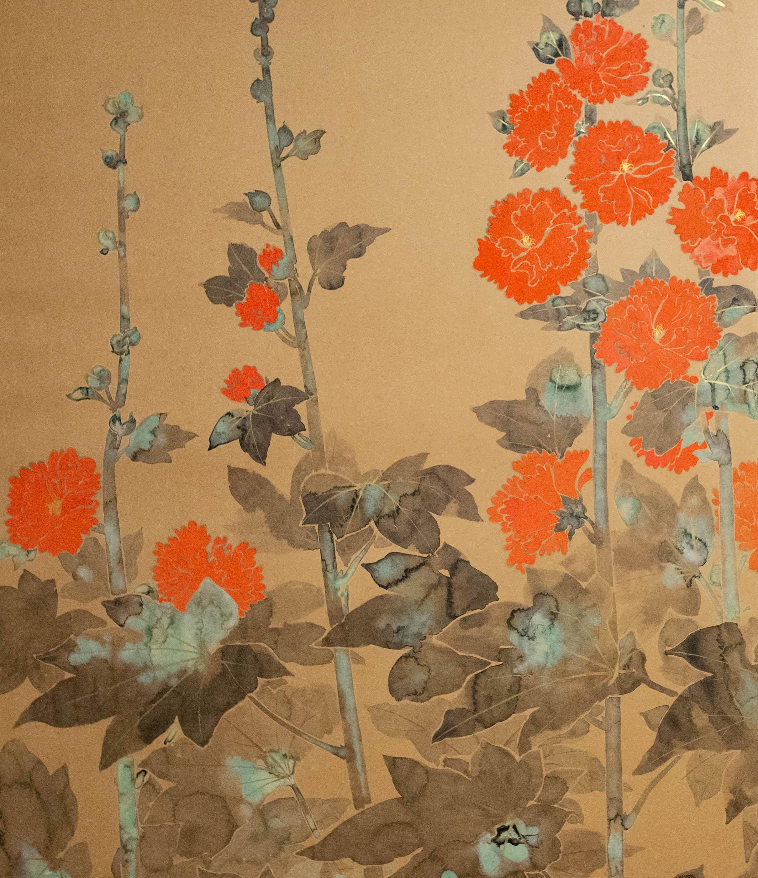 With the vibrant colors, and fine attention to detail and surface typical of a Rimpa painting. Using Rimpa style tarashikomi painting technique with mineral pigments on mulberry paper, and silk brocade border. Good condition.