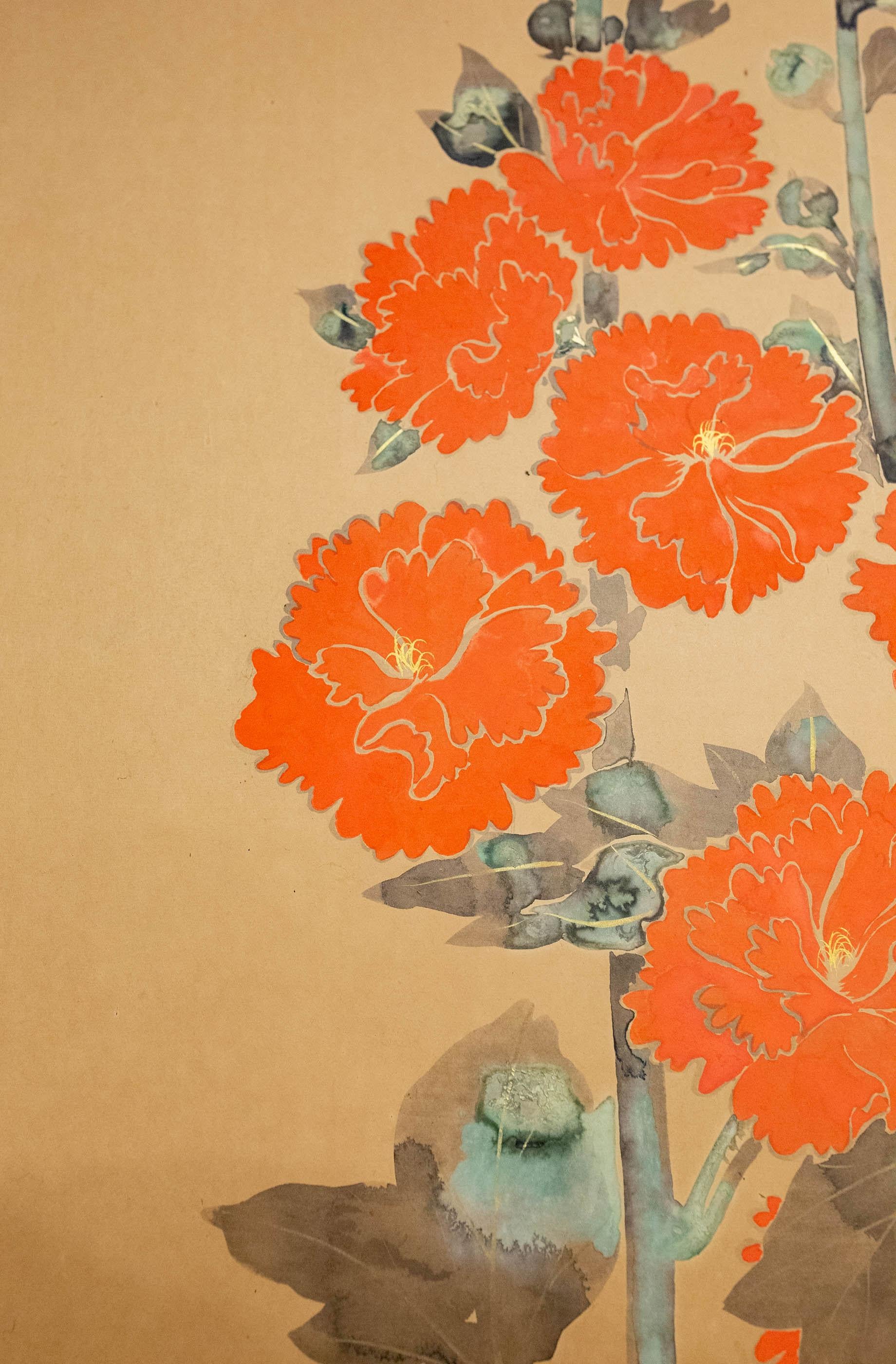 Japanese Two-Panel Screen, Rimpa Style Painting of Hollyhocks In Good Condition For Sale In Hudson, NY