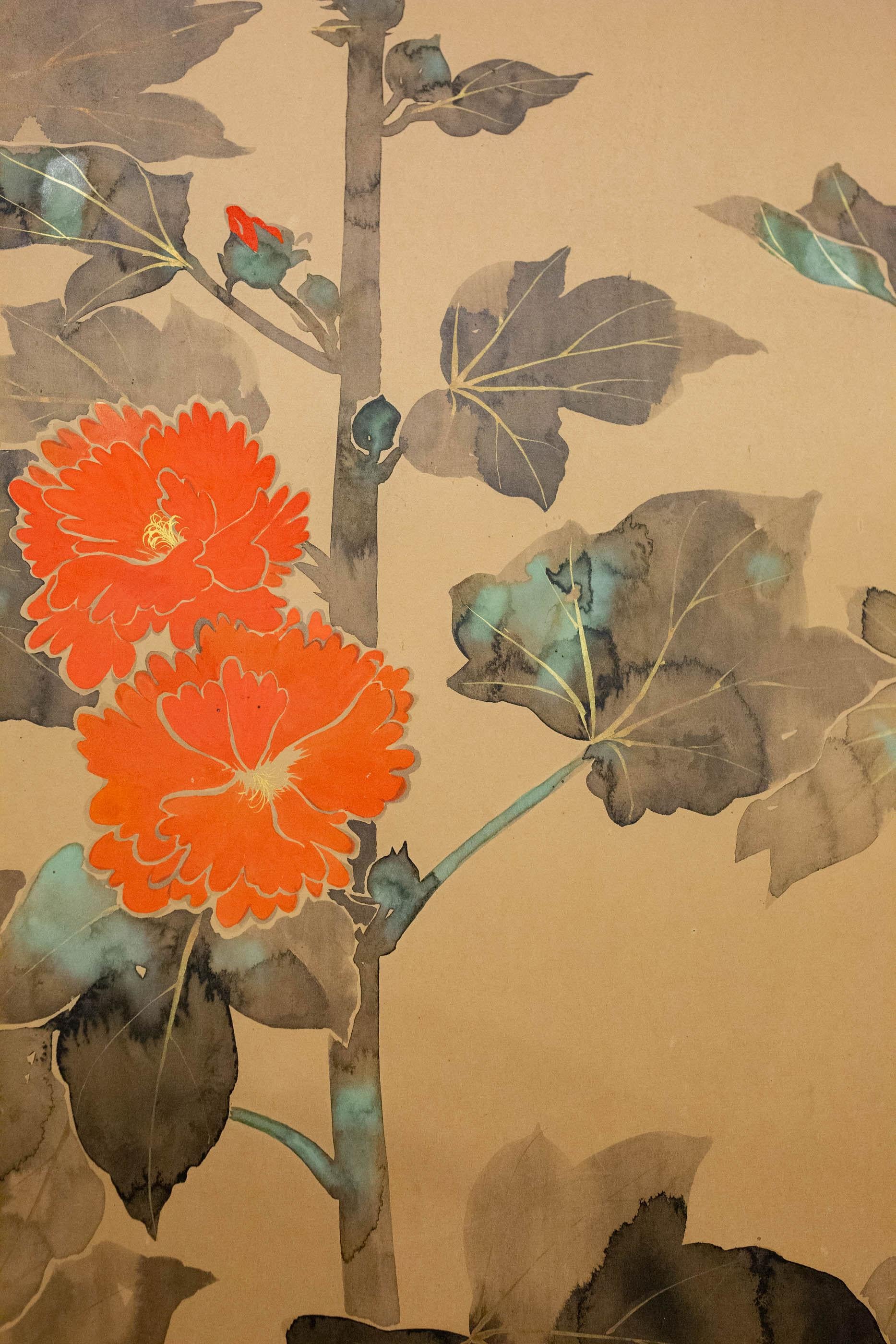 20th Century Japanese Two-Panel Screen, Rimpa Style Painting of Hollyhocks For Sale
