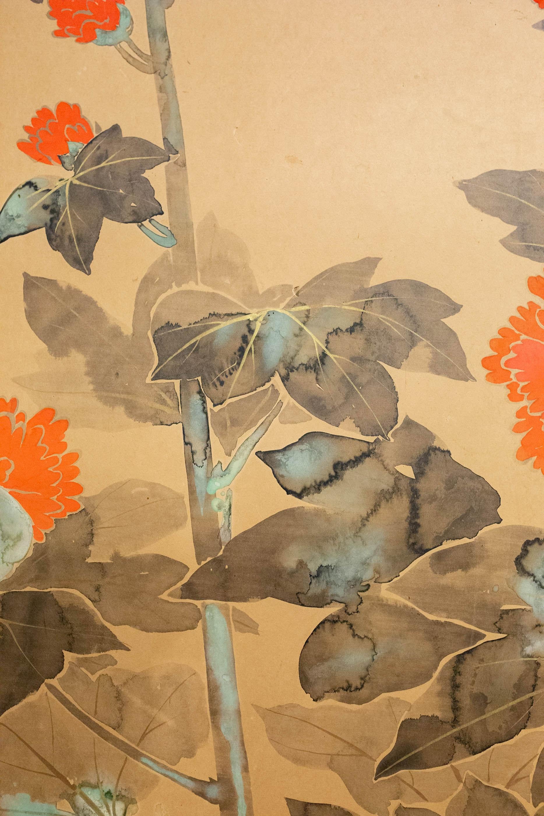 Japanese Two-Panel Screen, Rimpa Style Painting of Hollyhocks For Sale 3