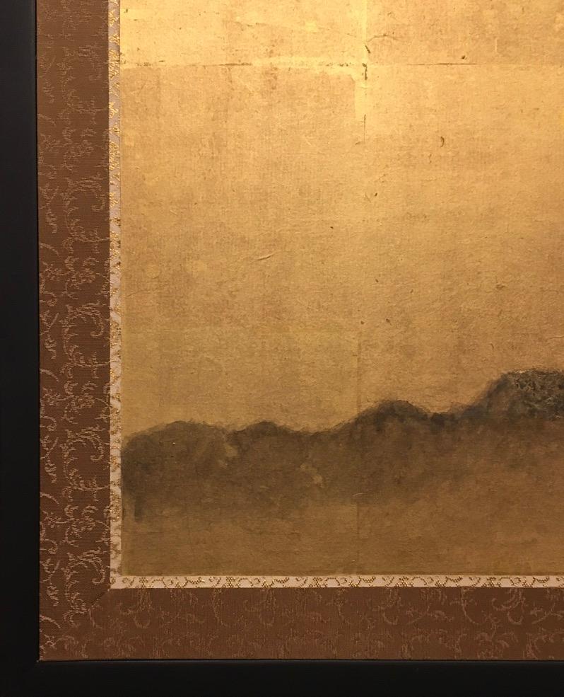 Japanese Two Panel Screen Rising Moon Over Minimal Landscape In Good Condition In Hudson, NY