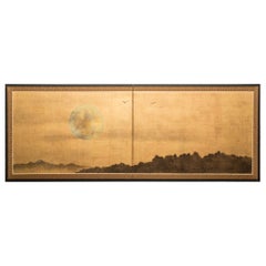 Japanese Two Panel Screen Rising Moon Over Minimal Landscape