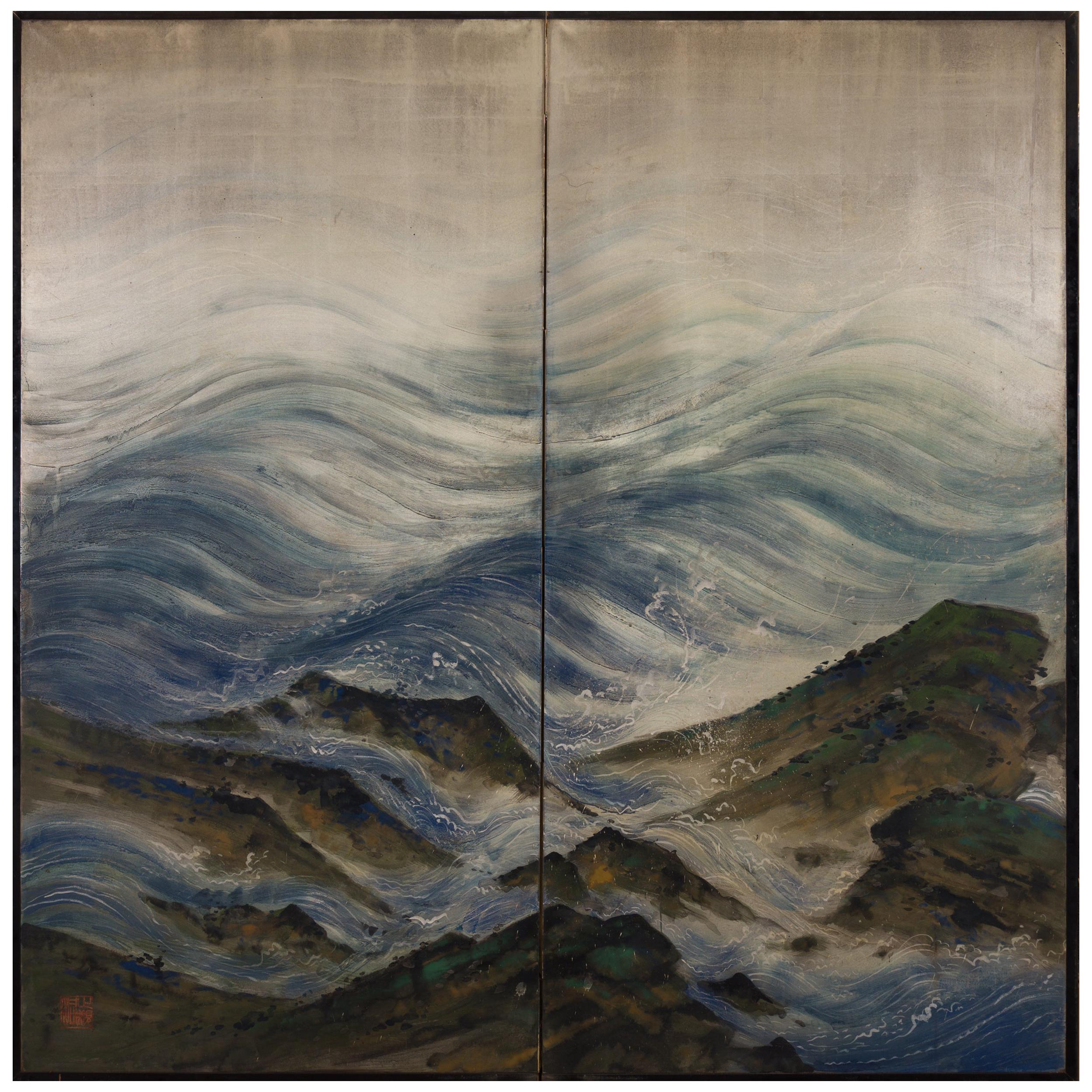 Japanese Two Panel Screen Rocky Coastal Landscape on Silver