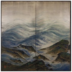 Japanese Two Panel Screen Rocky Coastal Landscape on Silver