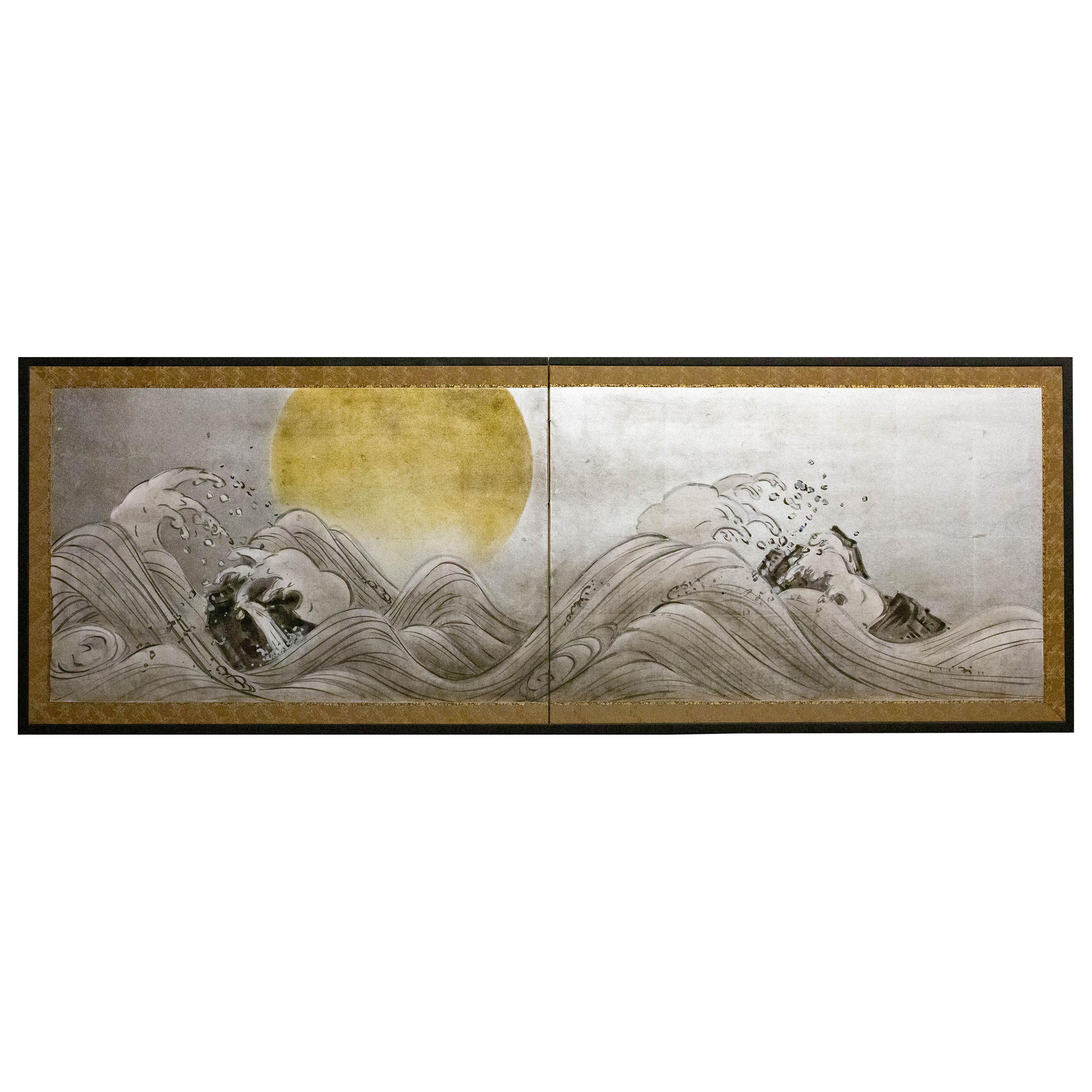 Japanese Two-Panel Screen, Rocky Coastline with Moon on Silver