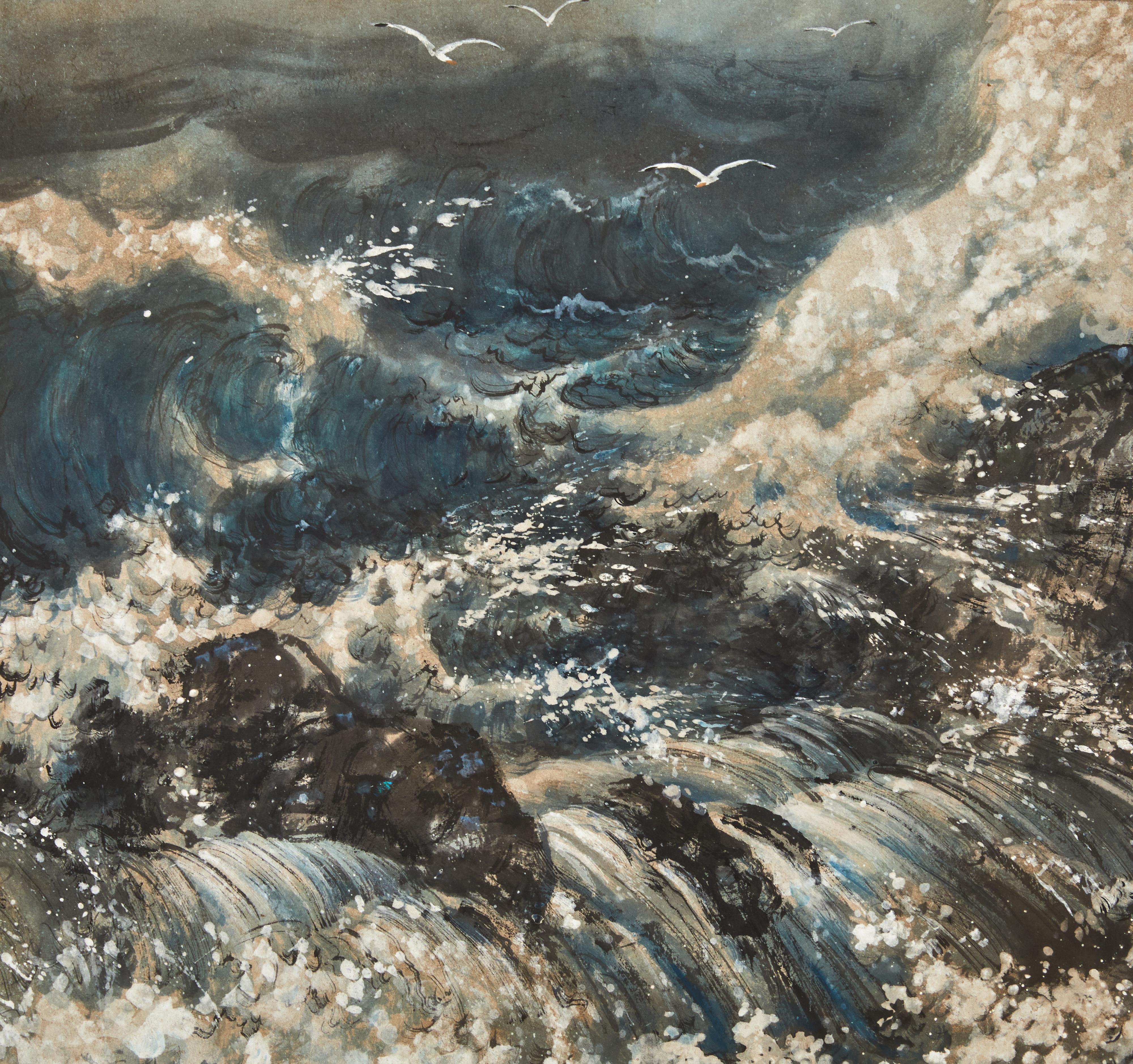 Hand-Crafted Japanese Two Panel Screen: Rocky Seascape For Sale