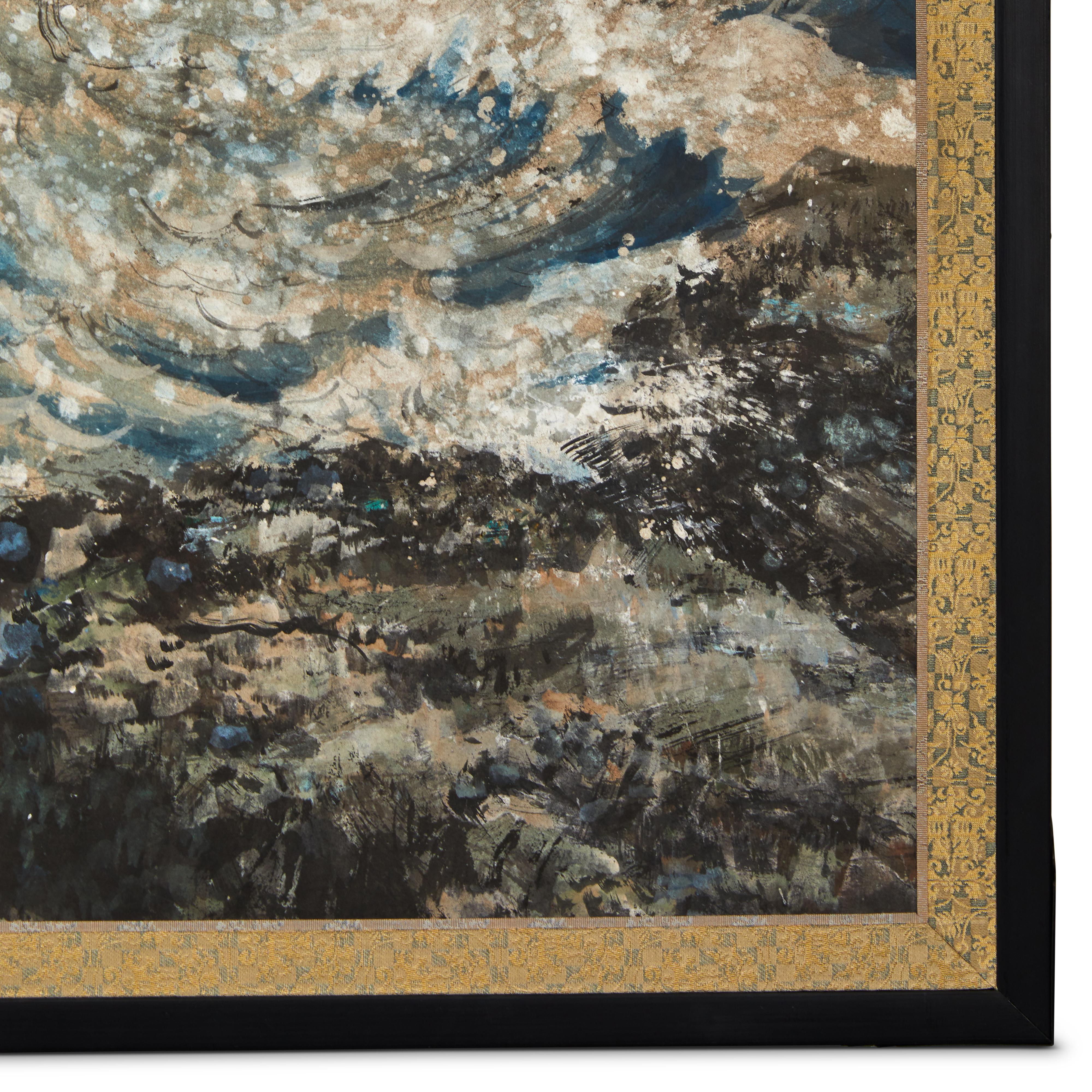 Brocade Japanese Two Panel Screen: Rocky Seascape For Sale