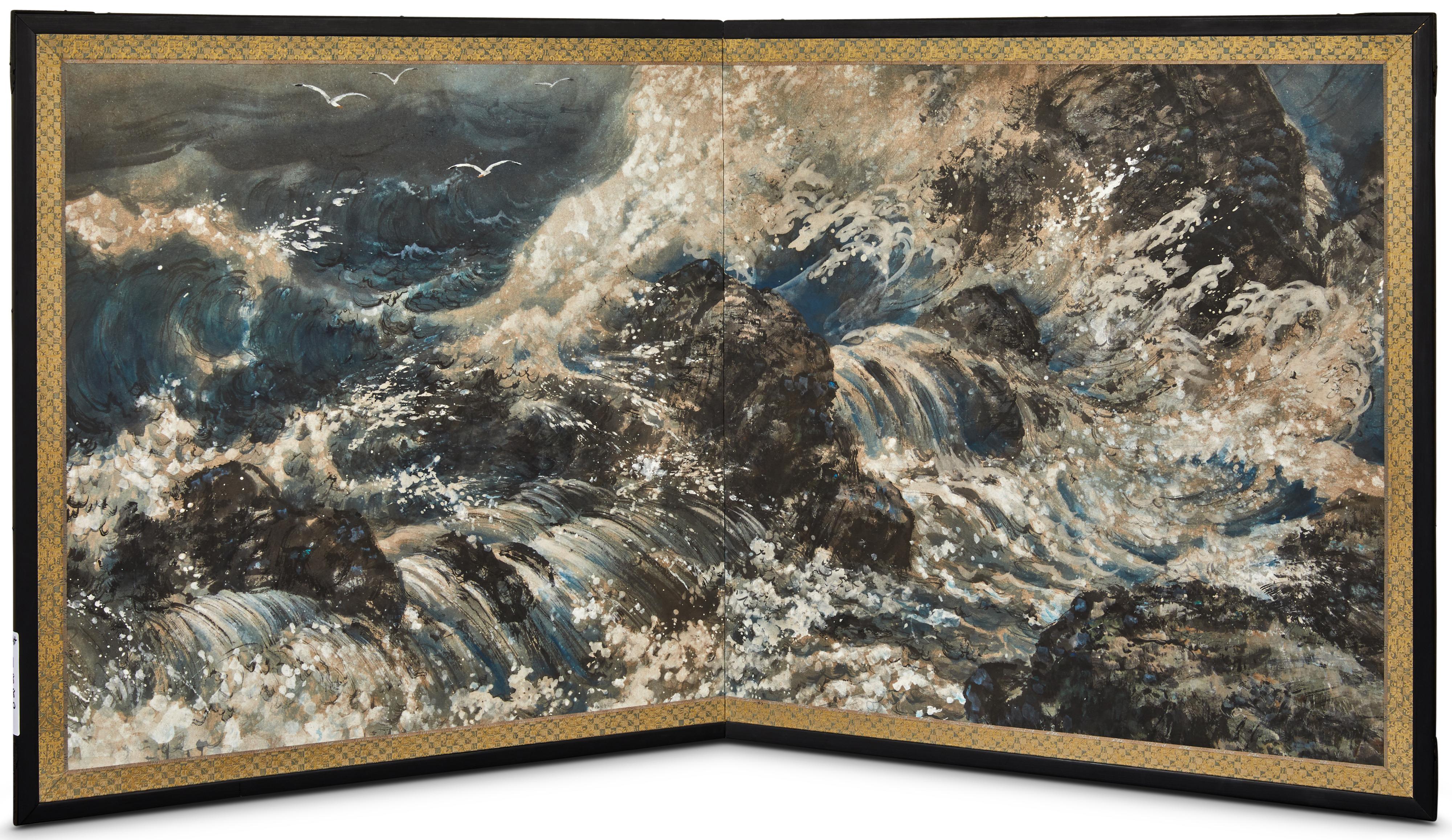 Japanese Two Panel Screen: Rocky Seascape For Sale 2
