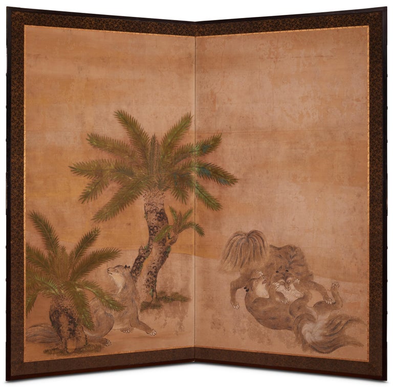 Japanese Two Panel Screen: Romping Cats Under Sago Palms For Sale at 1stDibs