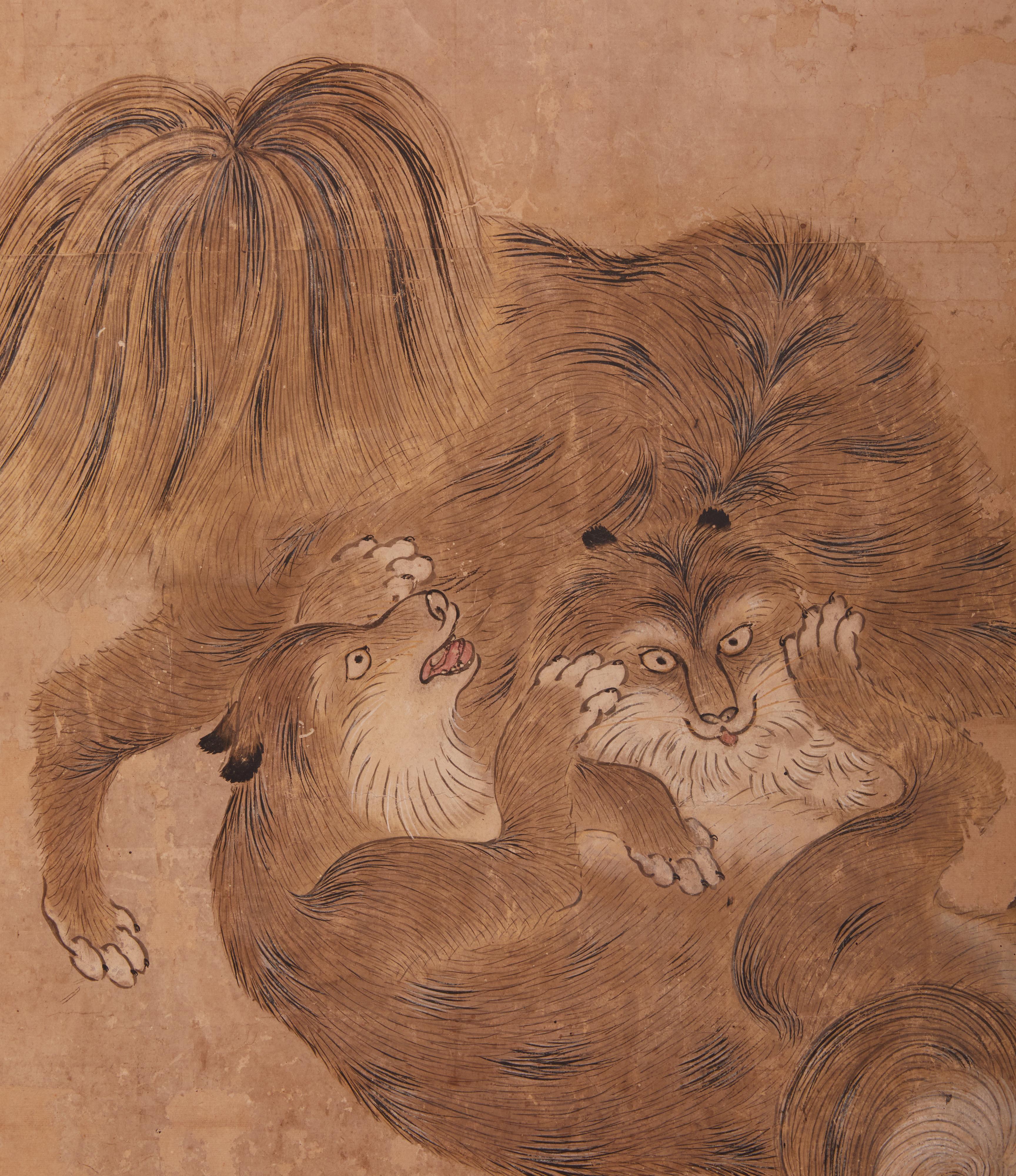 Japanese Two Panel Screen: Romping Cats Under Sago Palms
Beautifully painted mineral pigments on mulberry paper