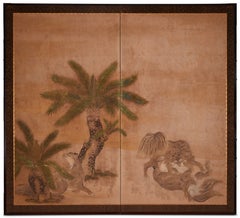 Japanese Two Panel Screen: Romping Cats Under Sago Palms
