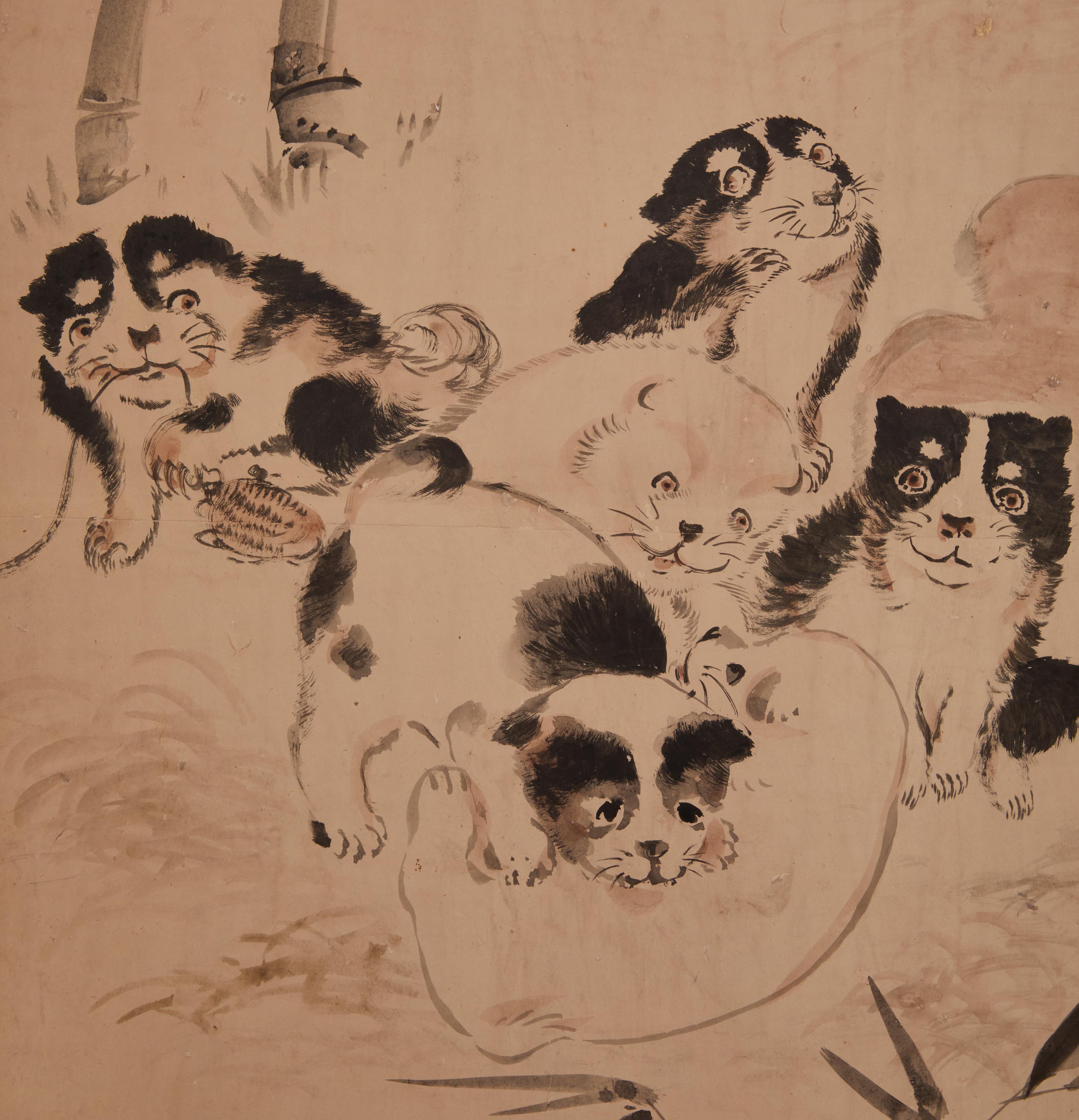 Japanese Two Panel Screen: Romping Puppies in Bamboo Grove In Good Condition For Sale In Hudson, NY