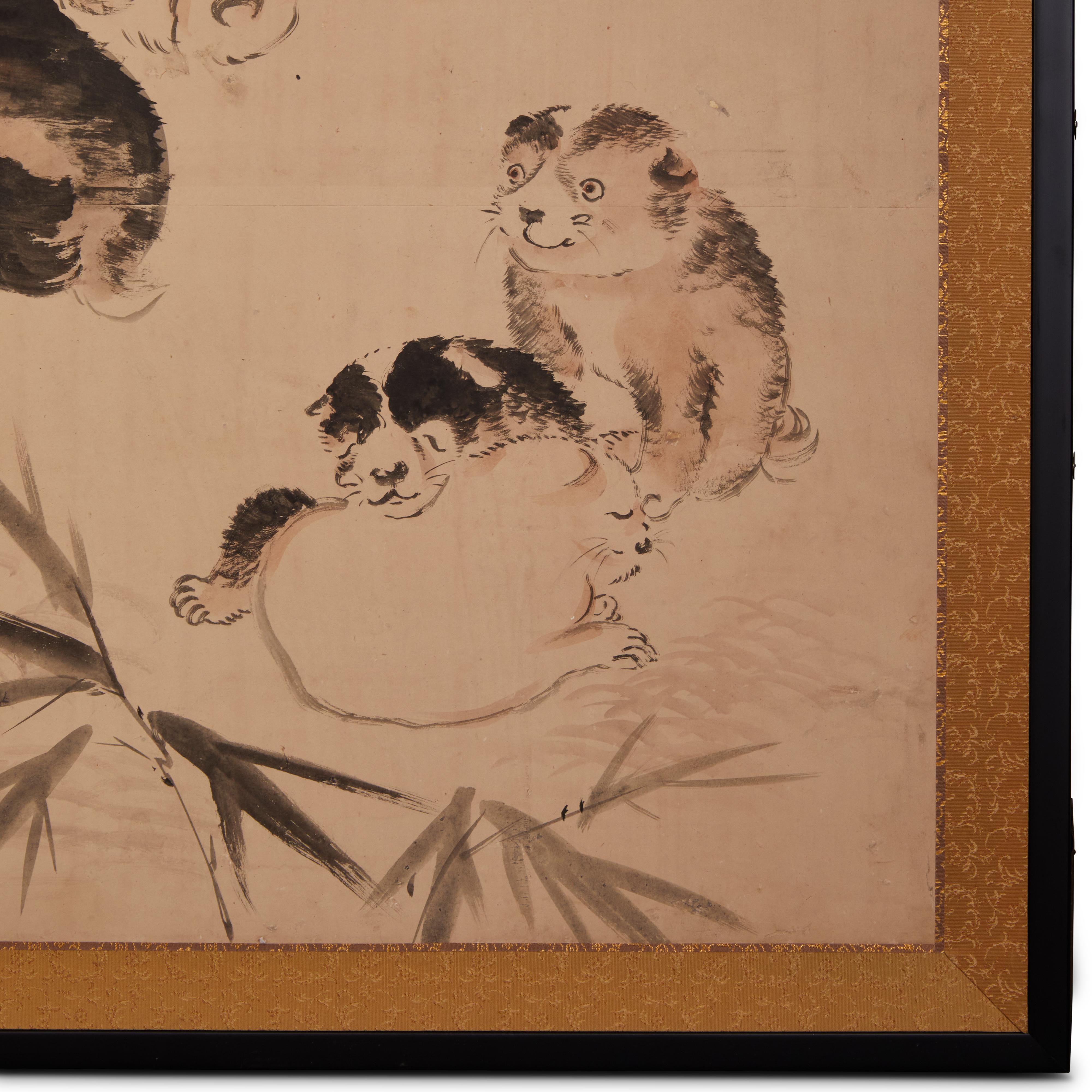 Japanese Two Panel Screen: Romping Puppies in Bamboo Grove For Sale 1