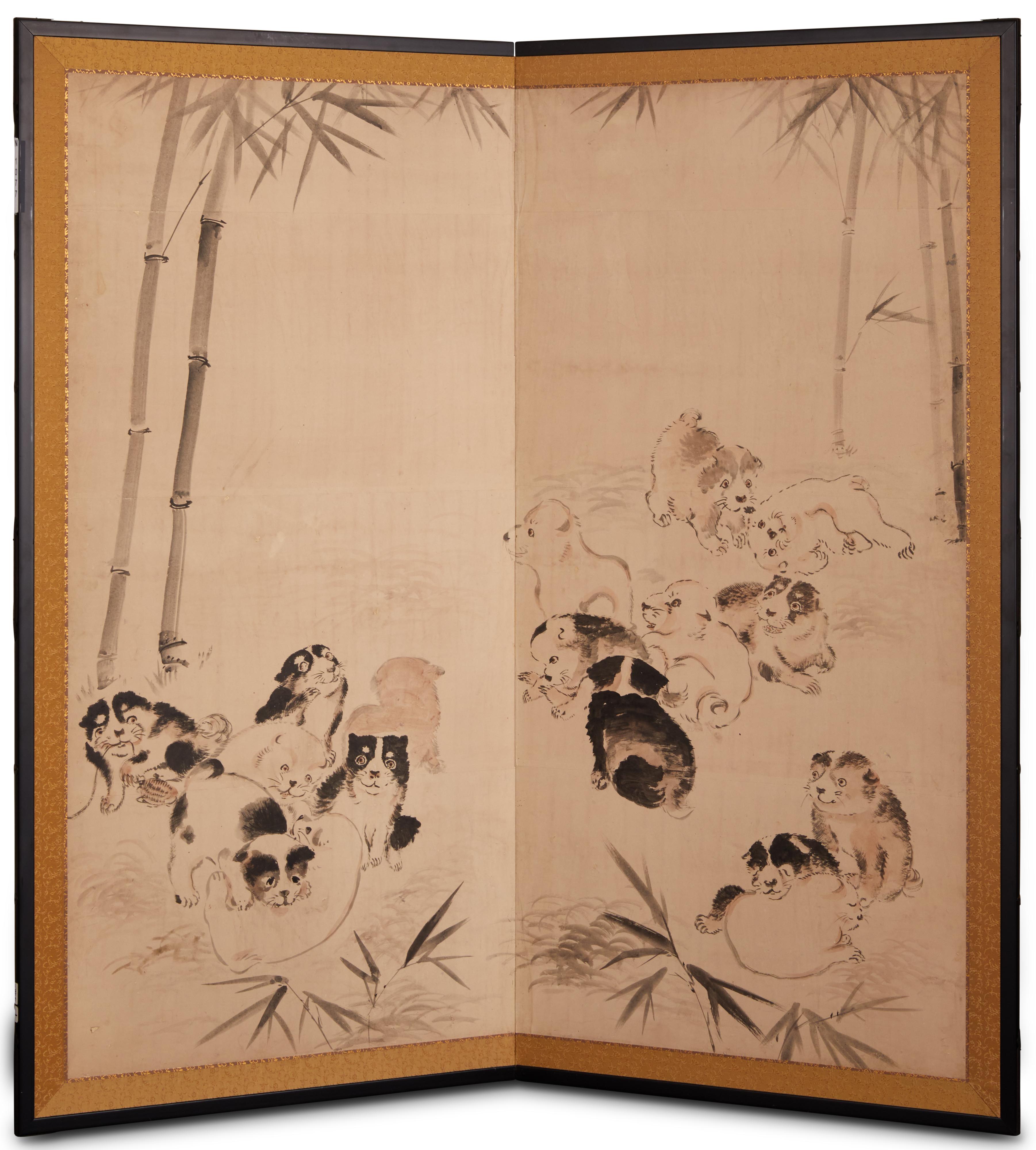 Japanese Two Panel Screen: Romping Puppies in Bamboo Grove For Sale 3