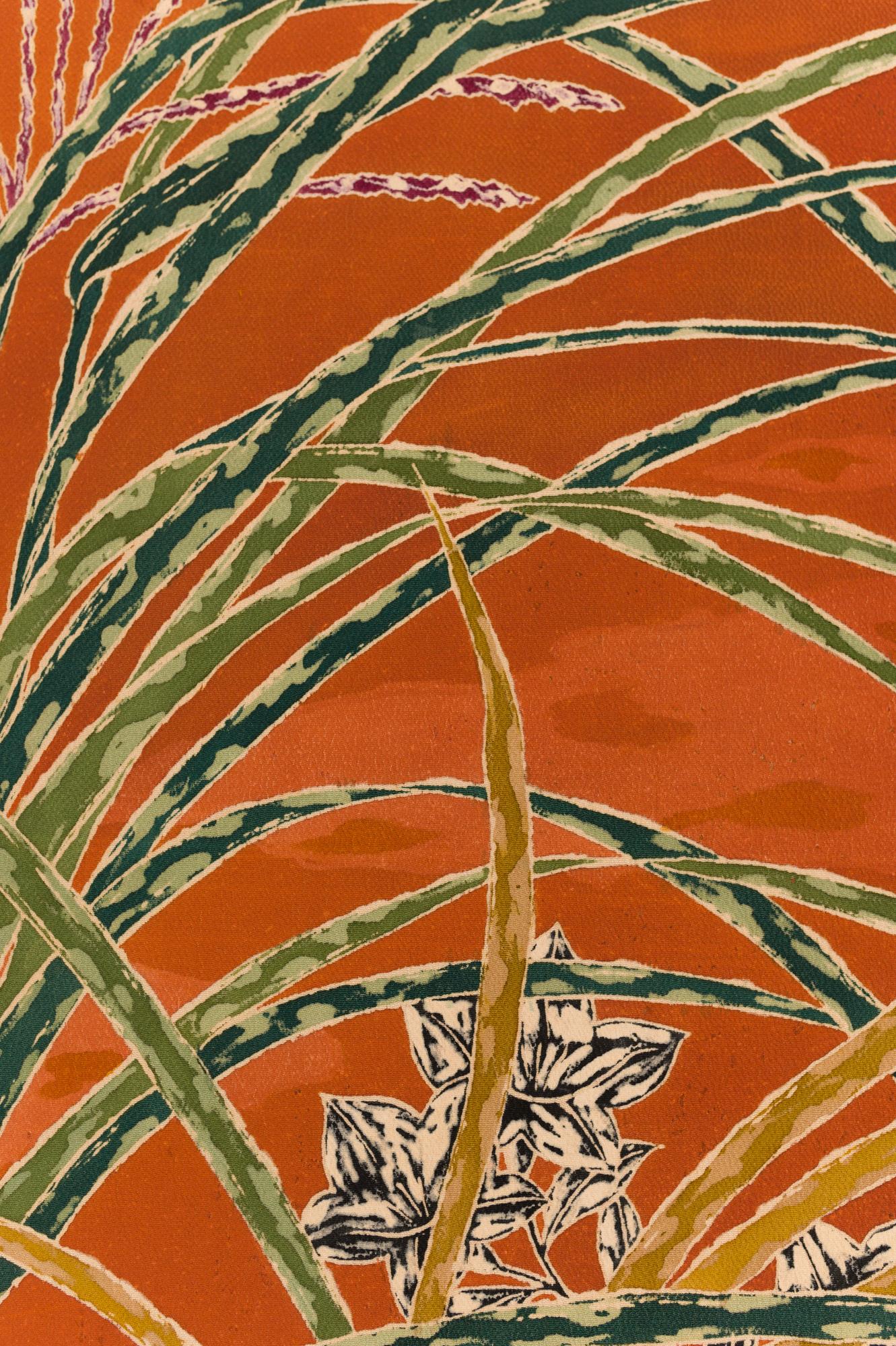 Hand-Painted Japanese Two Panel Screen Romping Steers in a Pasture of Wild Grasses