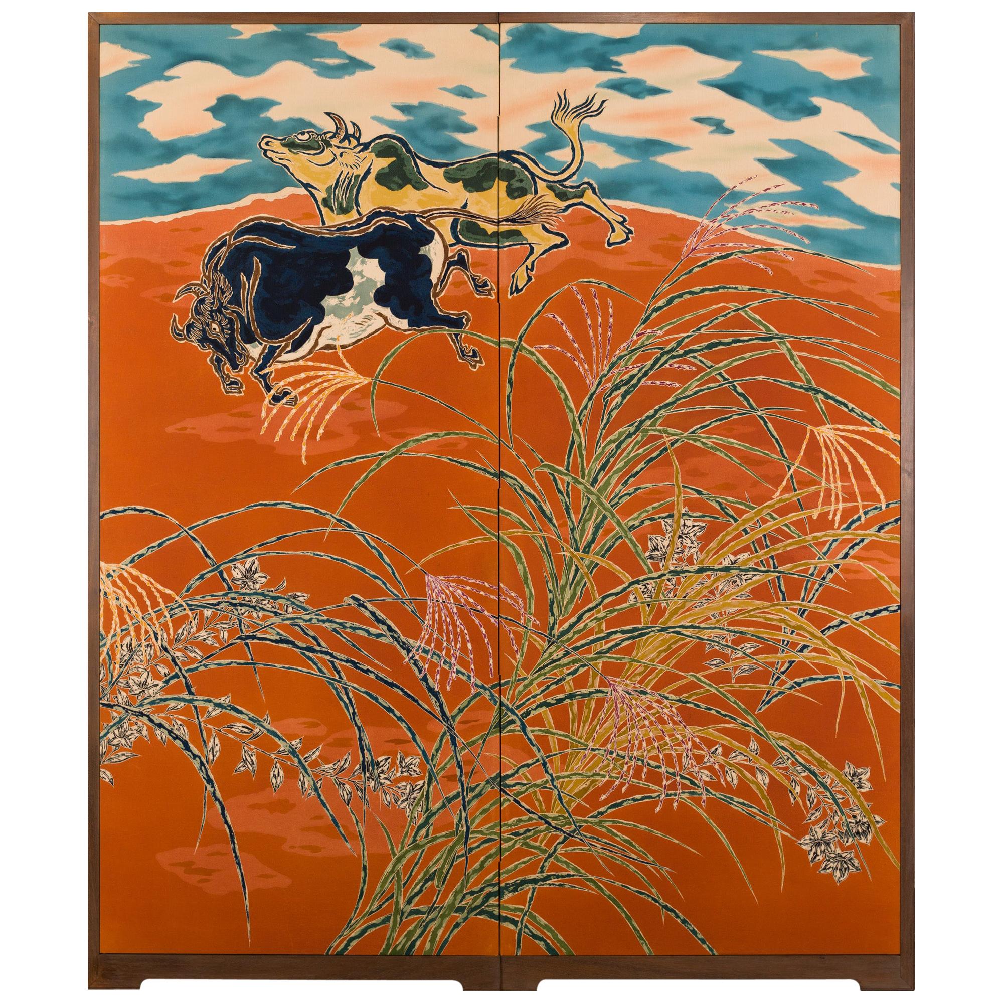 Japanese Two Panel Screen Romping Steers in a Pasture of Wild Grasses
